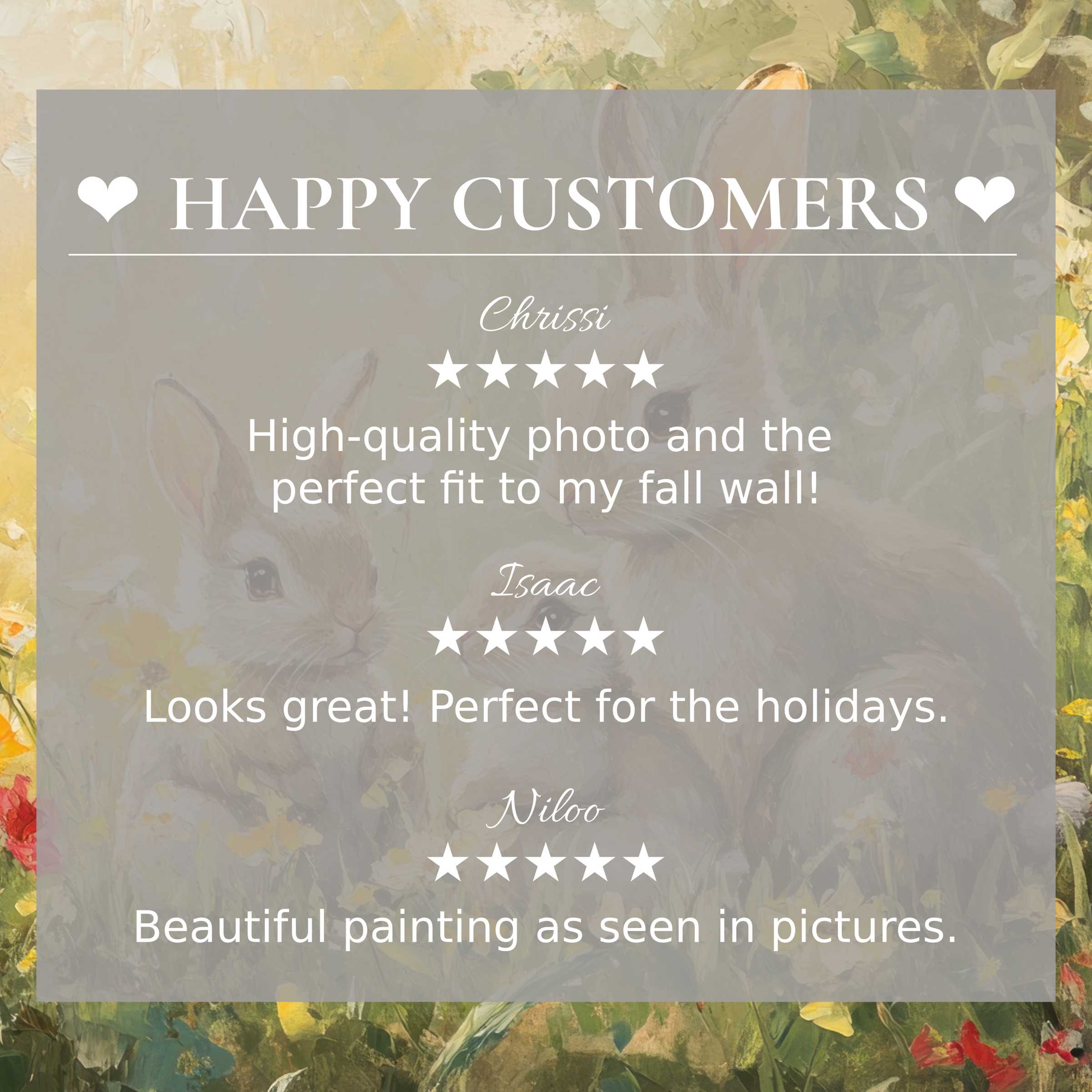 Elegant easter art for Frame TV with soft floral background, showcasing reviews from happy customers to build trust