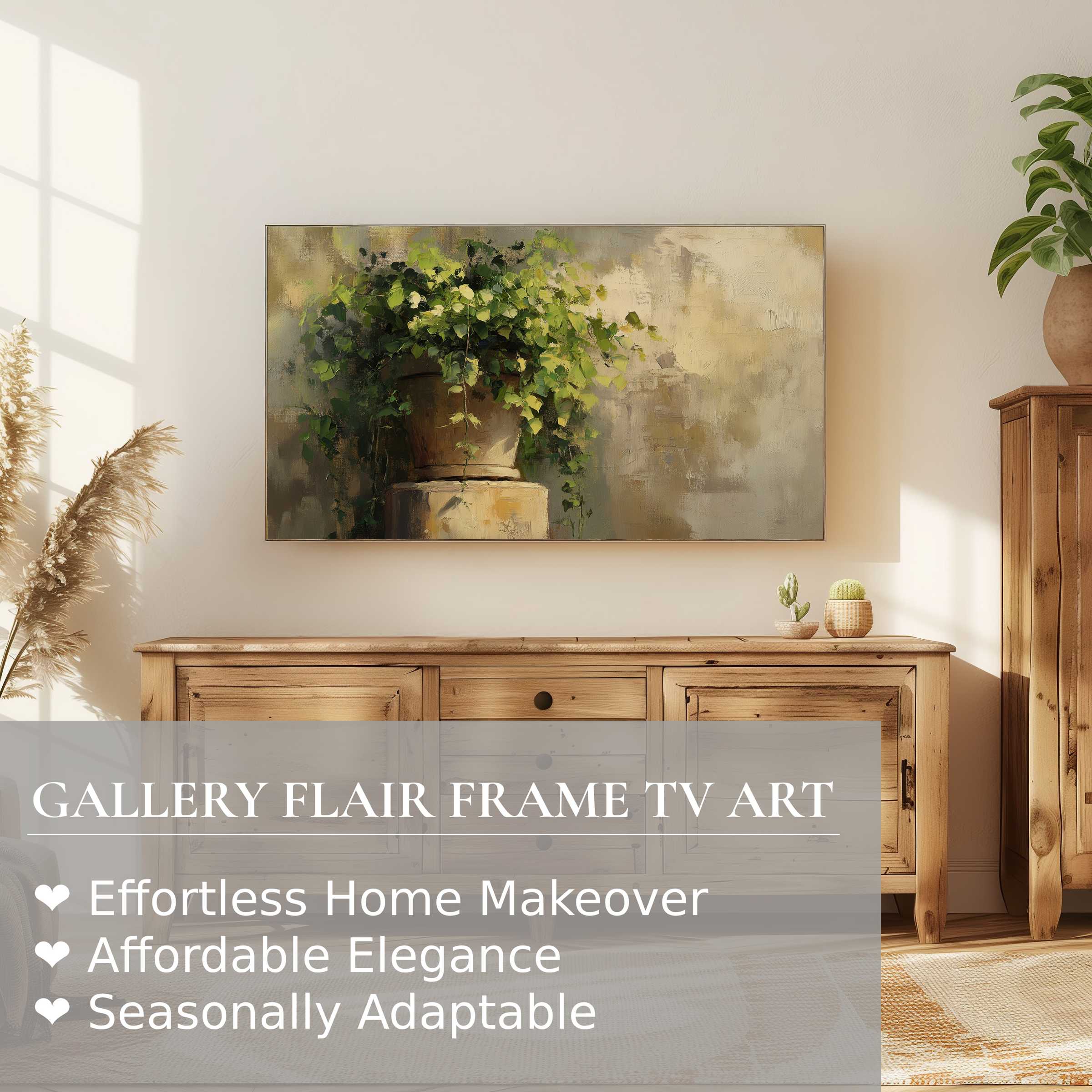 Samsung Frame TV displaying botanical digital artwork with lush greenery in a warm, modern living space
