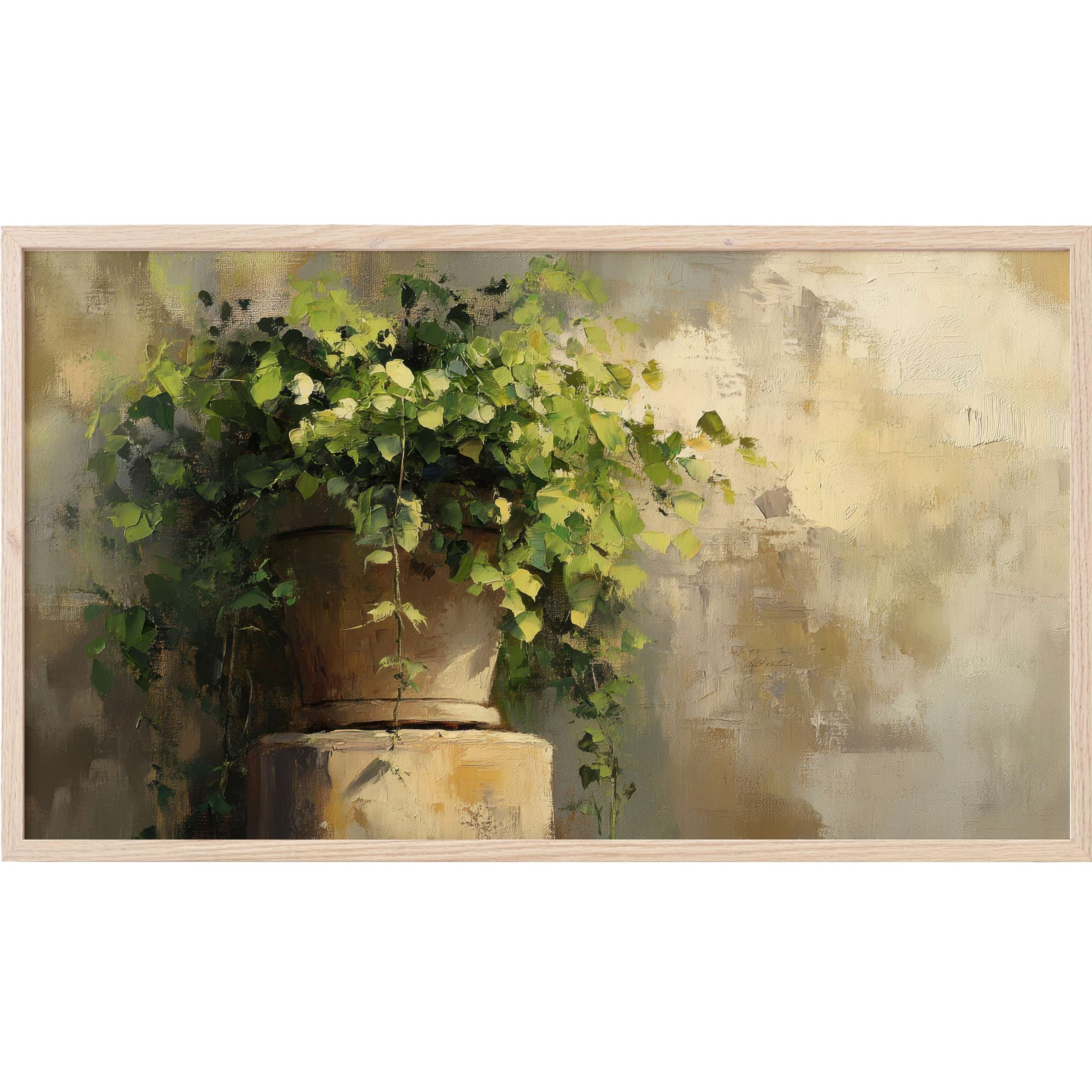 Elegant botanical Frame TV Art featuring lush green foliage in a classic pot, painted with soft earth tones