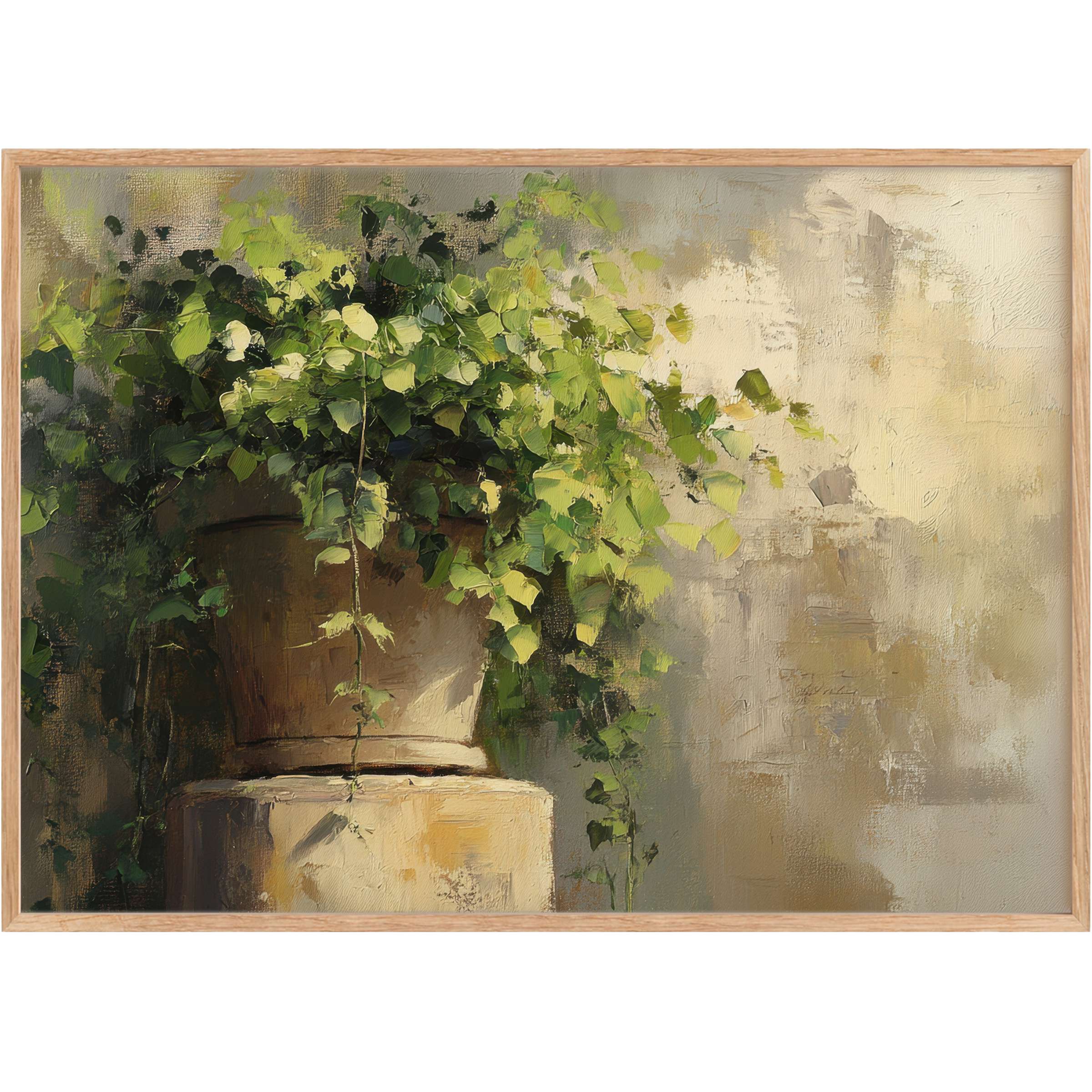 Botanical printable wall art featuring lush green ivy in a sunlit terracotta pot, evoking serene warmth and timeless elegance