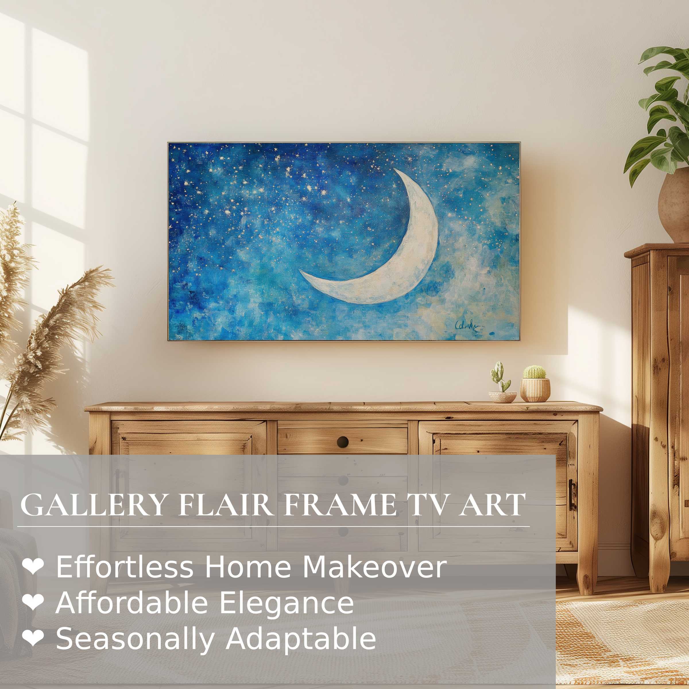 Elegant nursery digital artwork of a crescent moon on Samsung Frame TV in warm, modern home setting