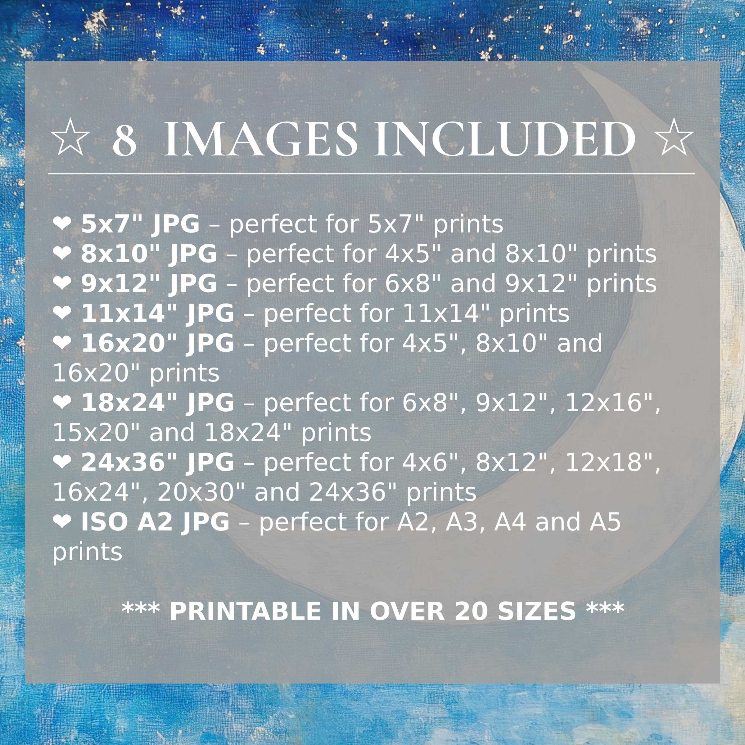 Nursery digital print featuring a radiant blue and silver crescent moon, delivered in 8 high-quality sizes for flexible, stylish modern interiors