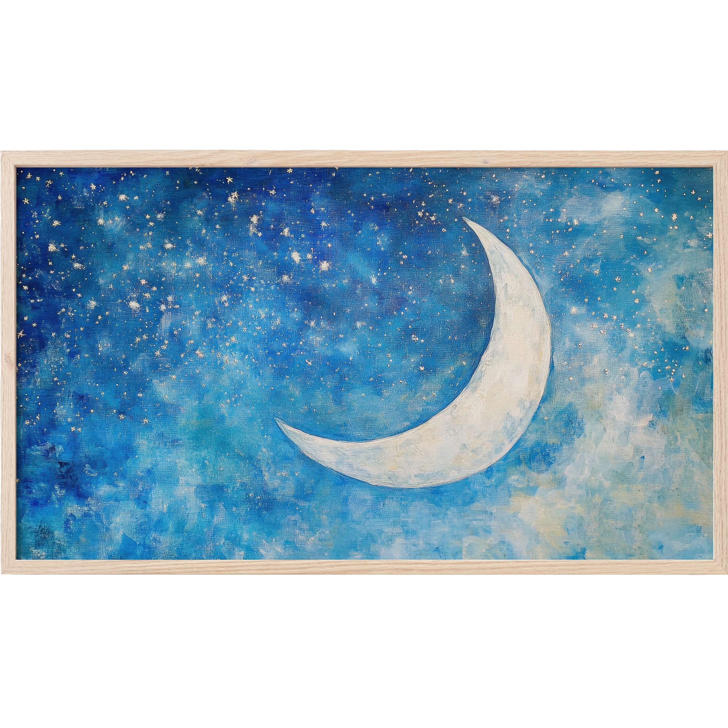 Dreamy crescent moon and twinkling stars in rich blues, elegant nursery Frame TV Art for serene modern decor
