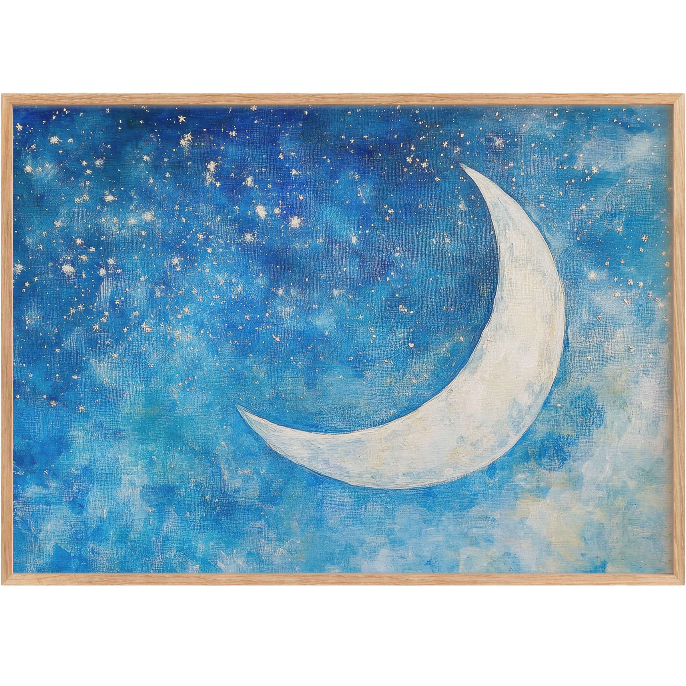Nursery printable wall art with a serene crescent moon and shimmering stars in soothing blue hues, evoking calm and wonder