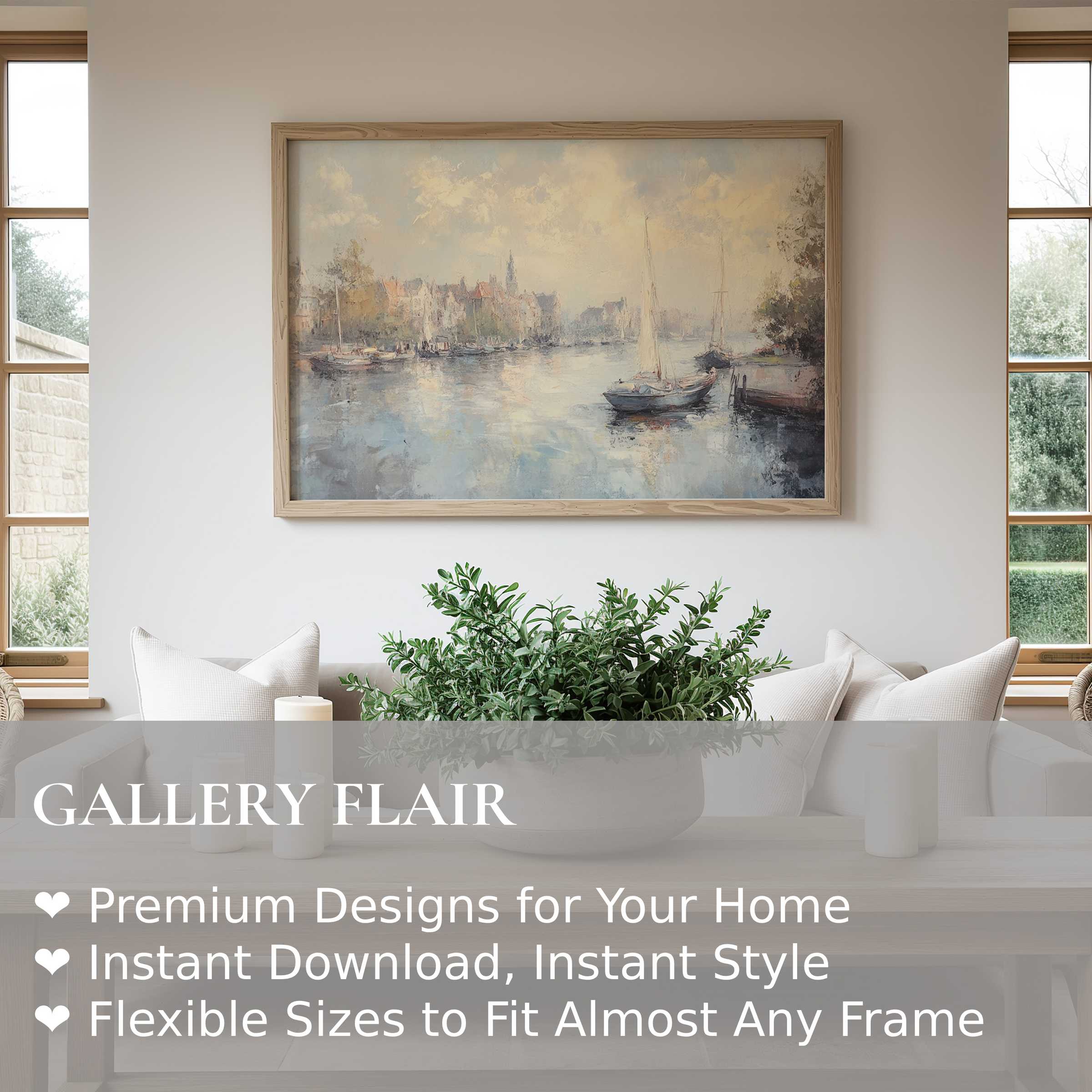 Soft, radiant urban art wall art print with serene harbor scene elevates this modern, minimalist living room with calming coastal elegance