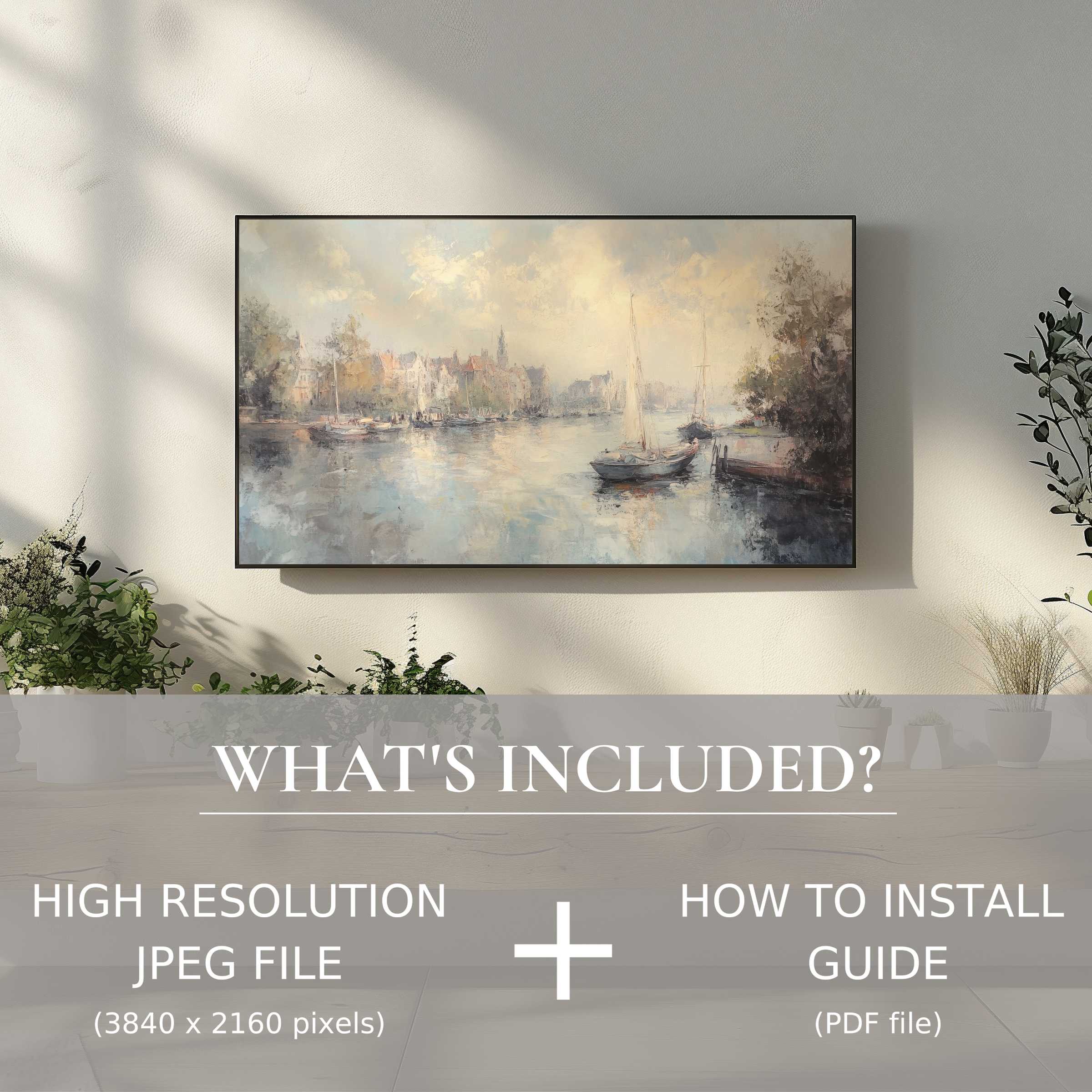 Elegant urban digital TV art download with easy use, enhancing your living space with serene, stylish ambiance