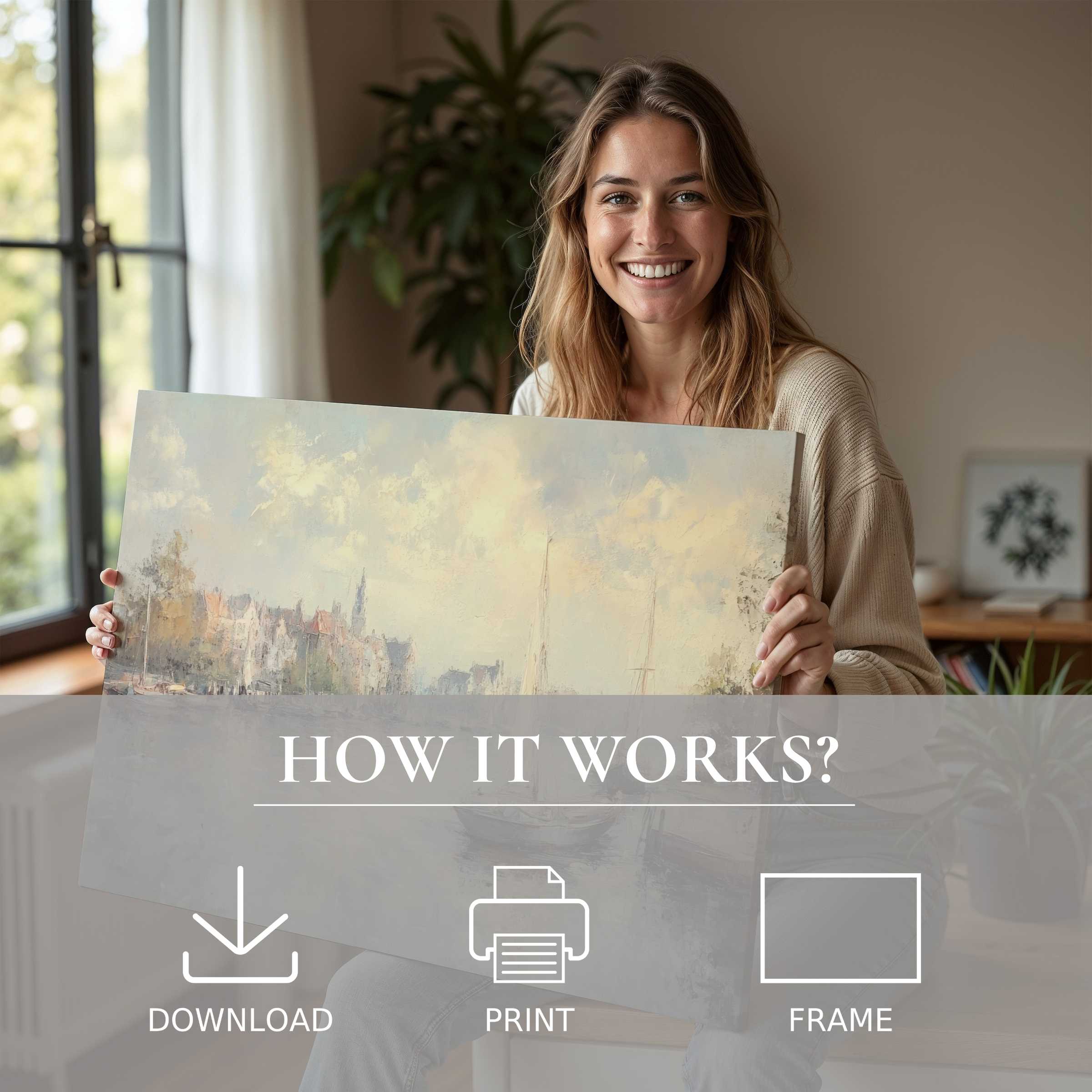 Radiant woman in a serene, modern home embracing an urban digital art print, embodying joy and effortless elegance