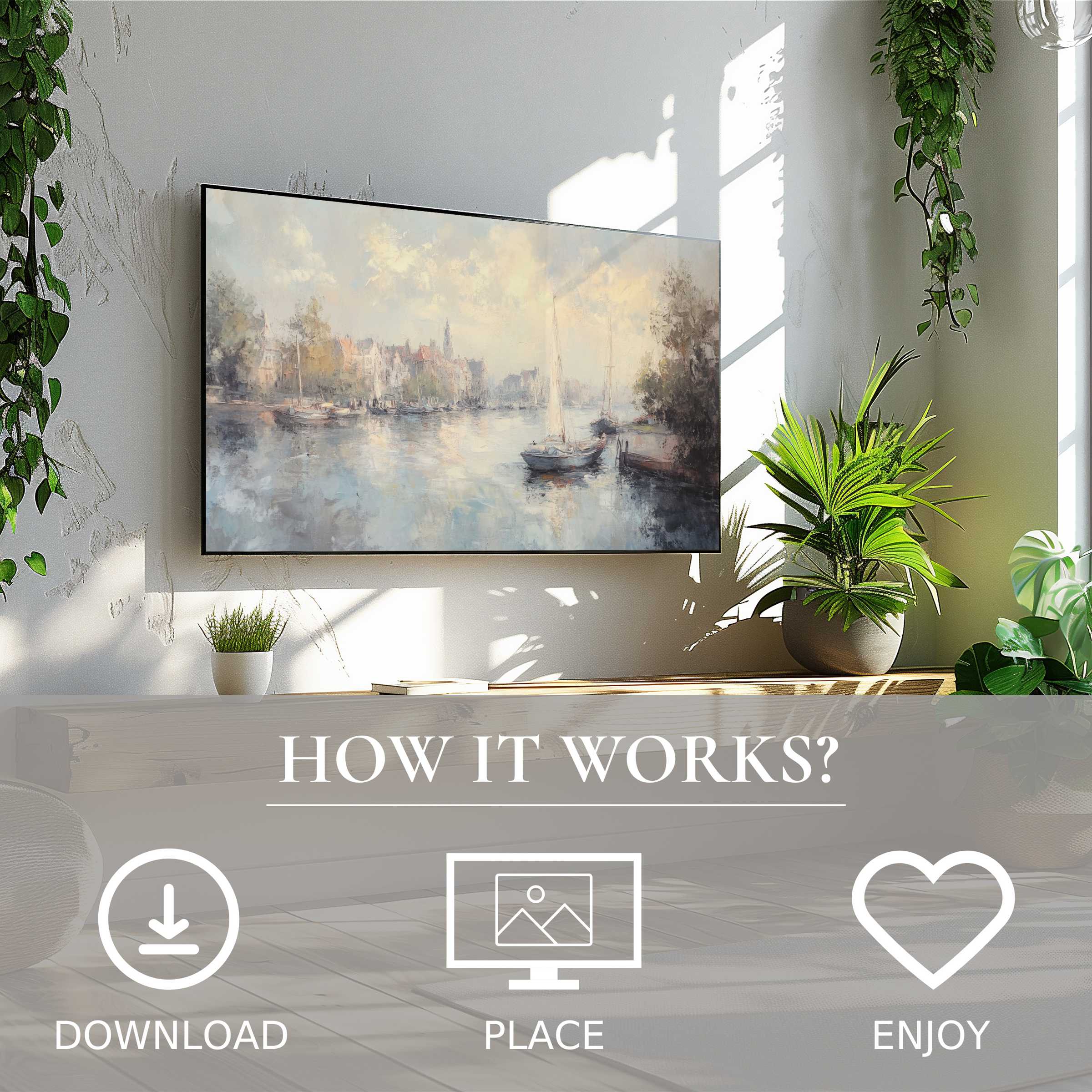 Urban art for Samsung TV: serene harbor motif in soft sunset tones, easy digital download enriches any modern living space