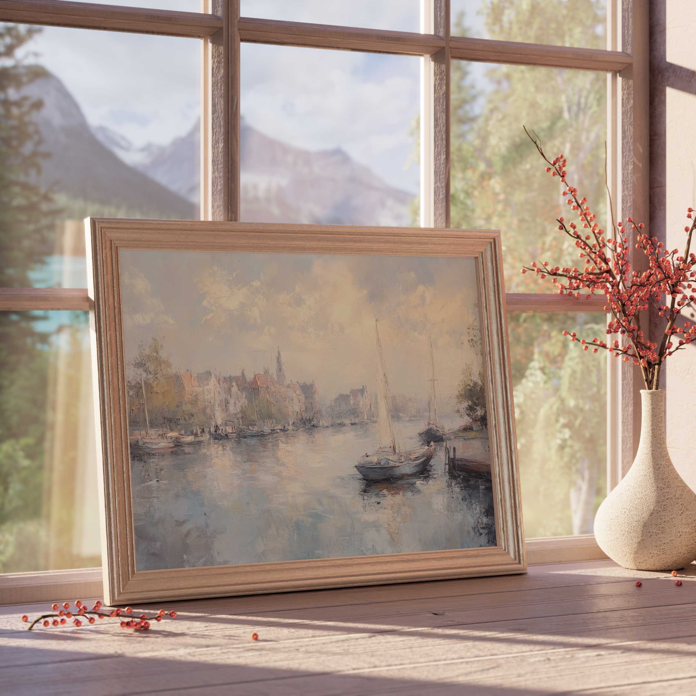 Urban downloadable art capturing tranquil harbor scenes in soft, muted tones, perfect for elevating serene, design-forward interiors