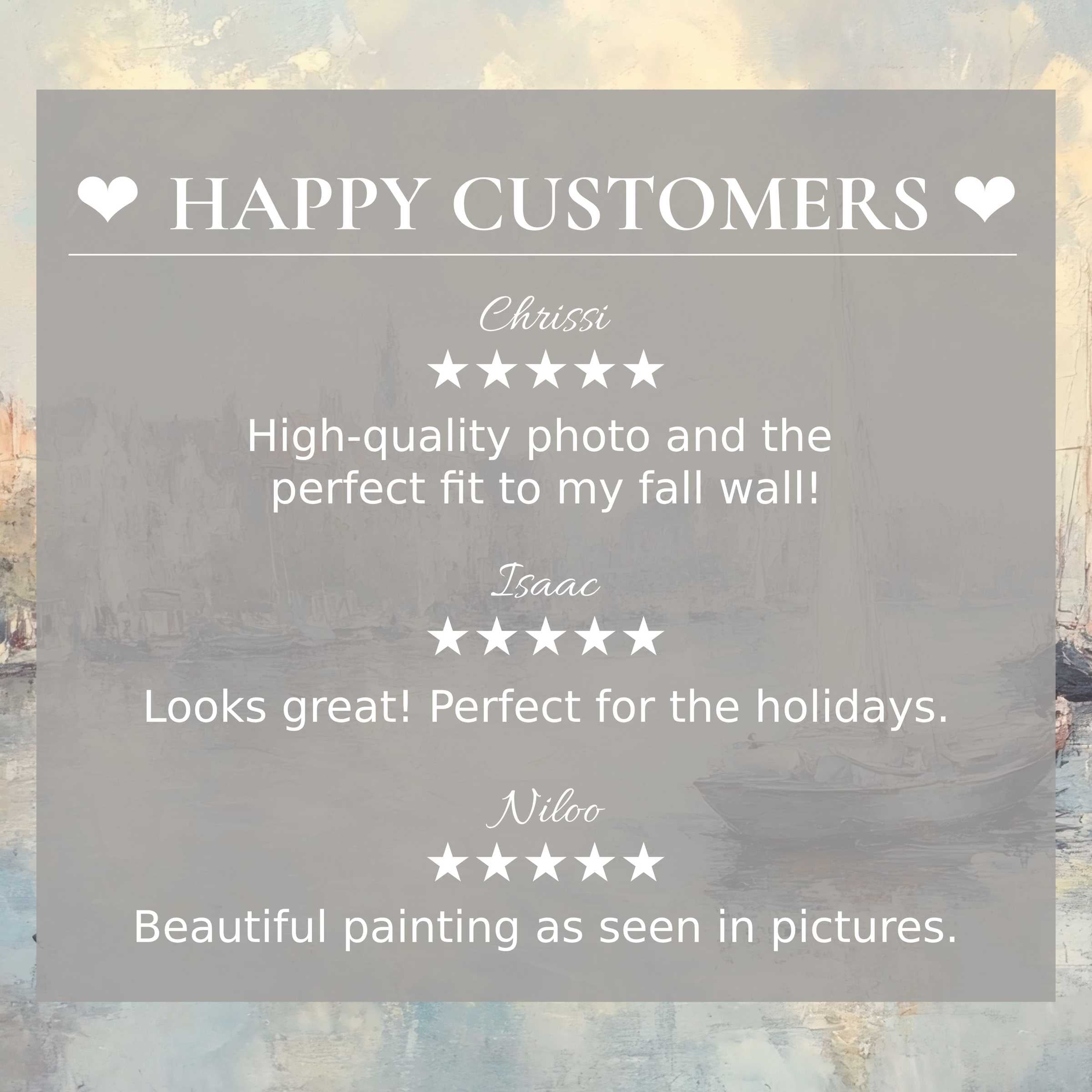 Urban art for Frame TV with abstract muted coastal hues, showcasing a happy customer and trusted elegant reviews