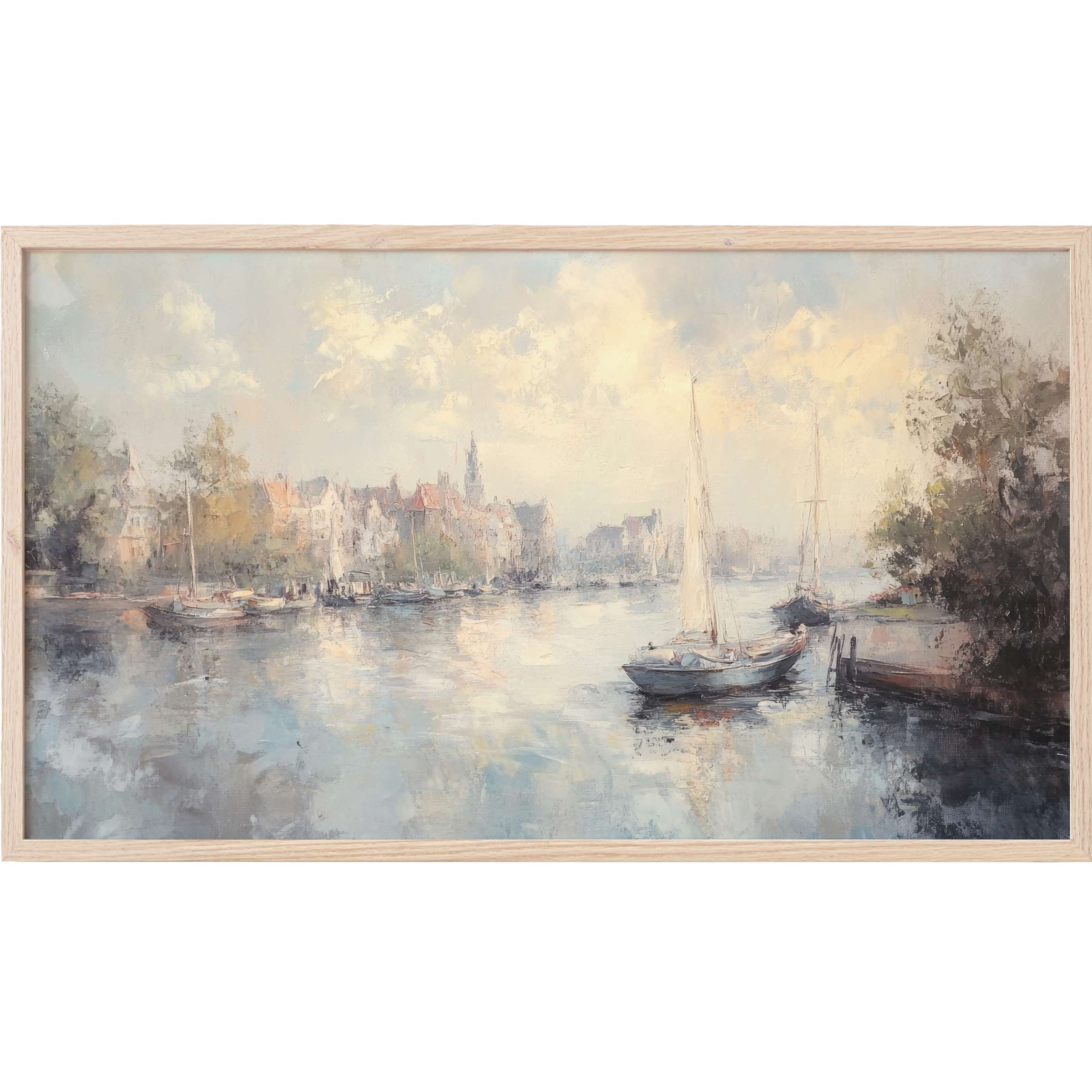 Urban Frame TV Art depicting a serene harbor scene in soft blues, creams, and muted earth tones, elegantly textured