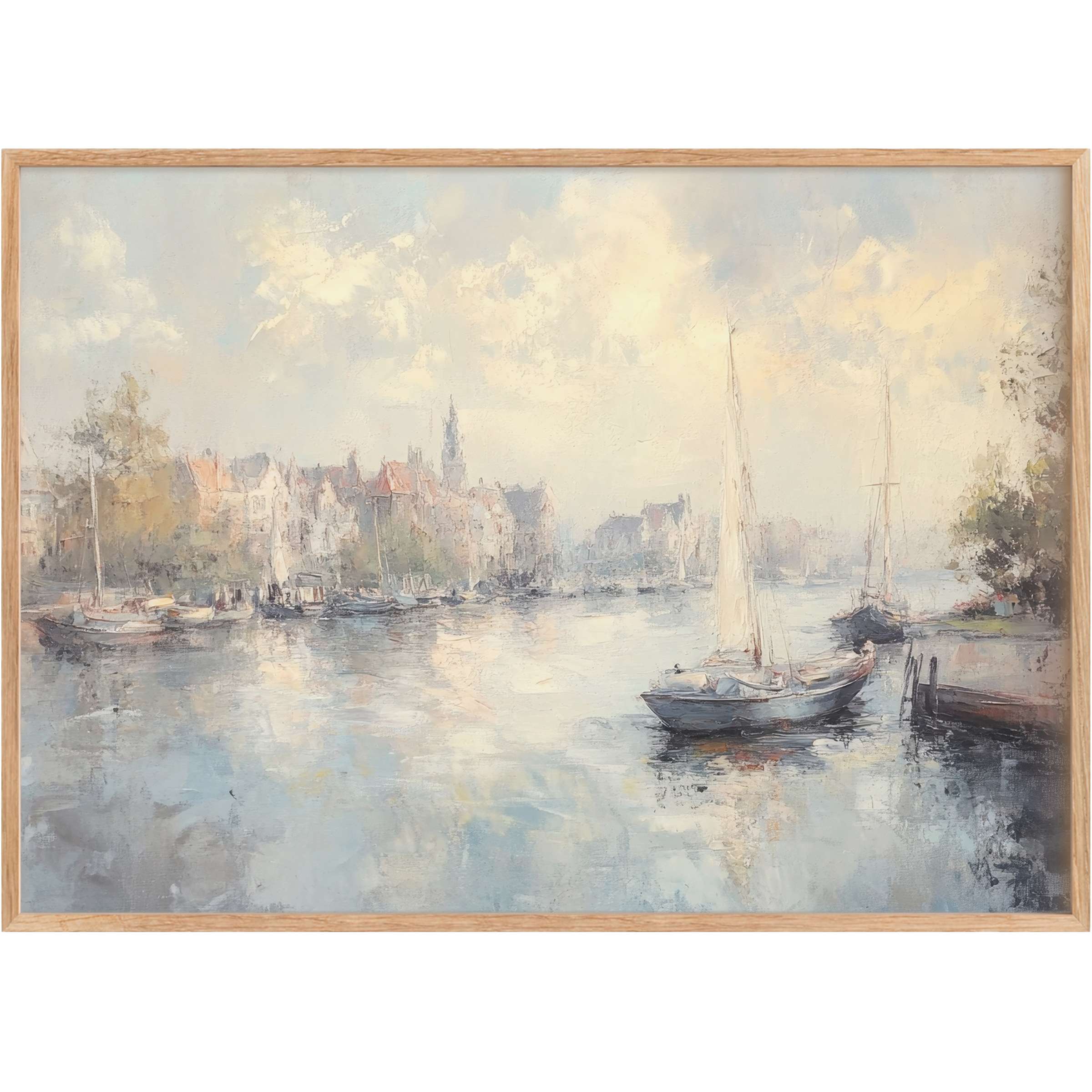 Serene urban printable wall art capturing soft blues and warm neutrals, evoking a tranquil morning by the marina