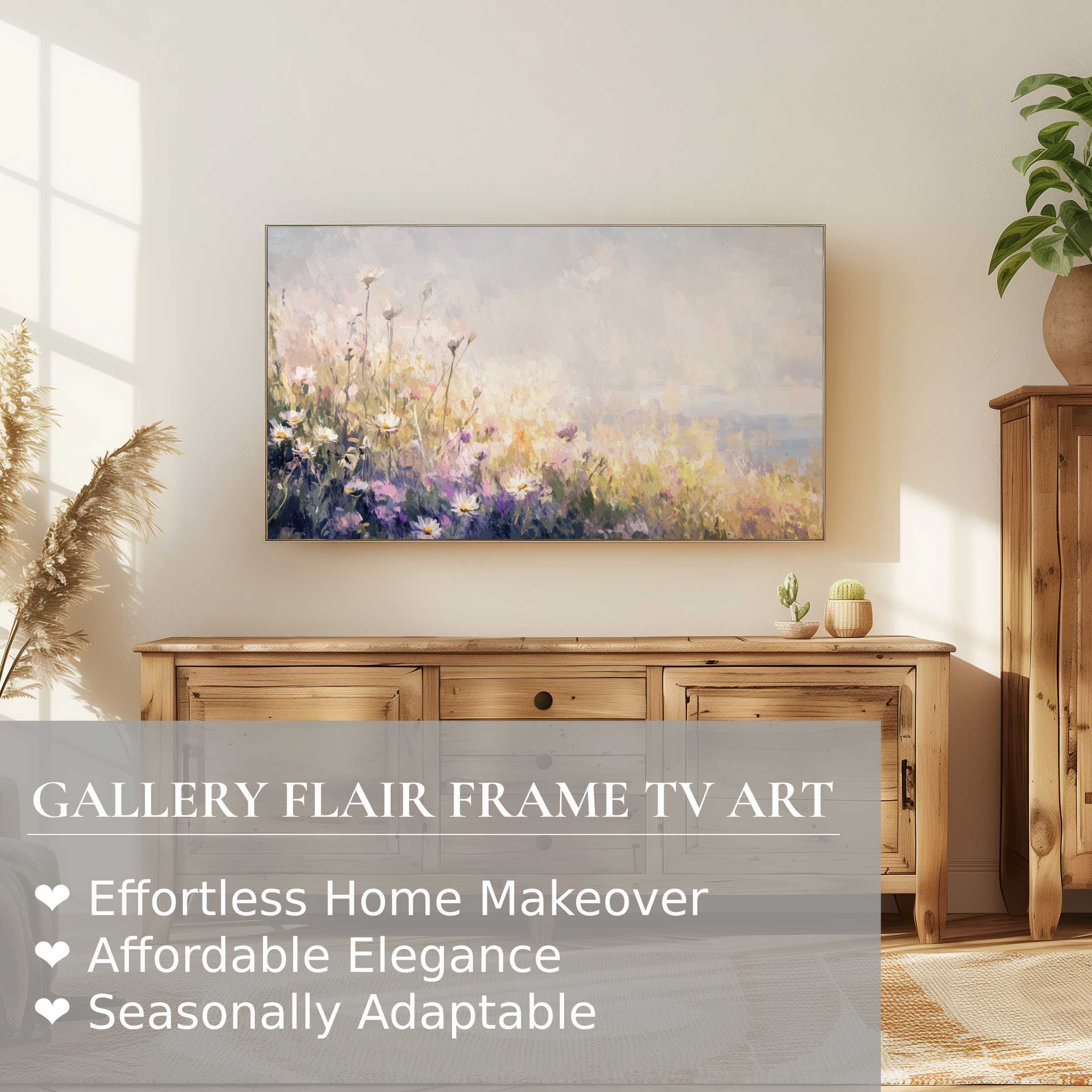 Samsung Frame TV showcasing soft coastal digital artwork, blending serene florals with modern rustic decor