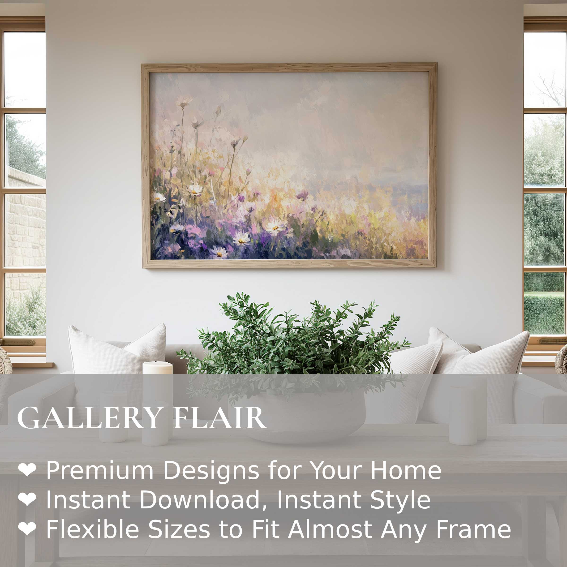 Calming coastal wall art print with soft wildflowers and pastel hues, enhancing serene modern farmhouse interiors with radiant elegance