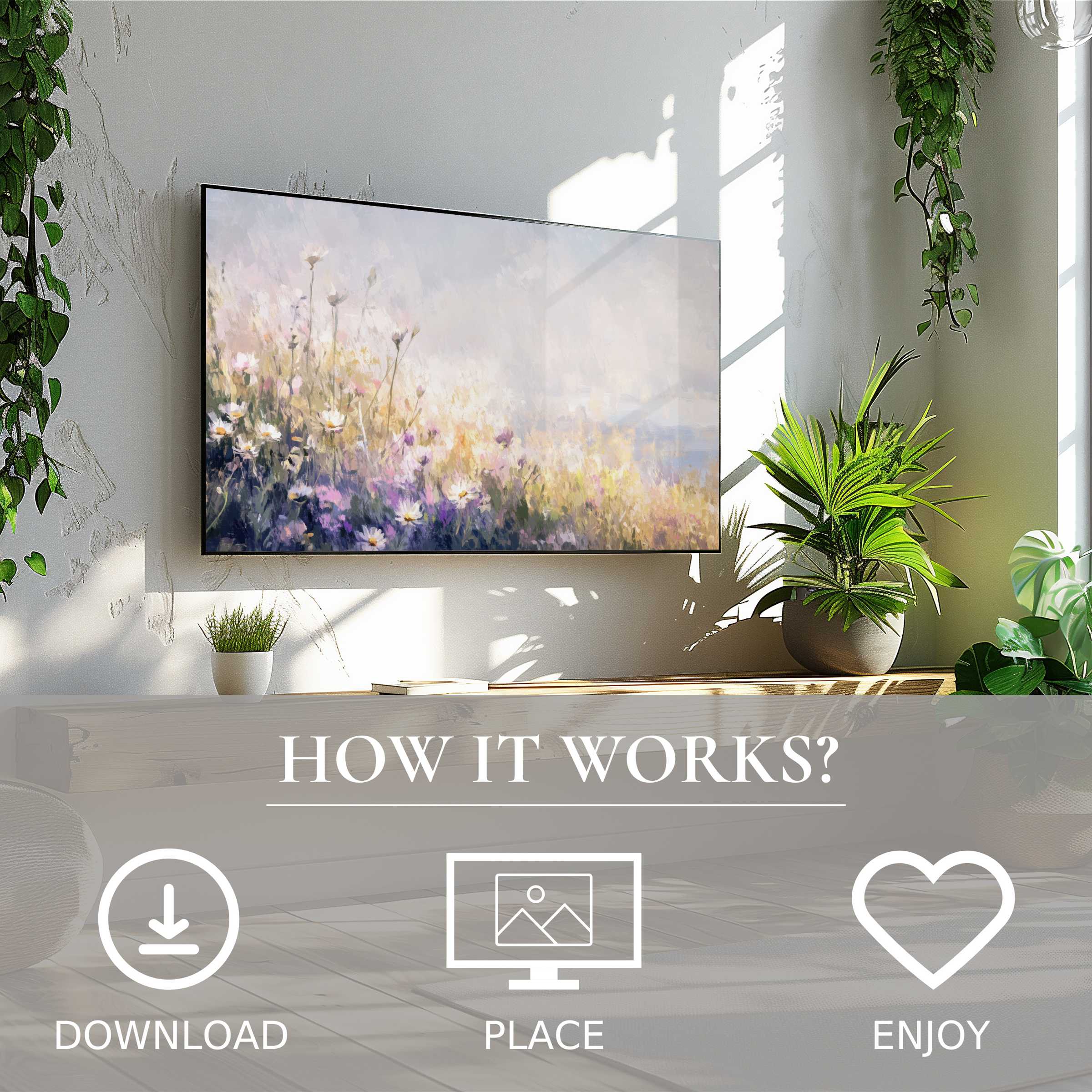 Coastal art for Samsung TV shows soft sunset tones; easy digital download enhances bright, modern living spaces with abstract beauty
