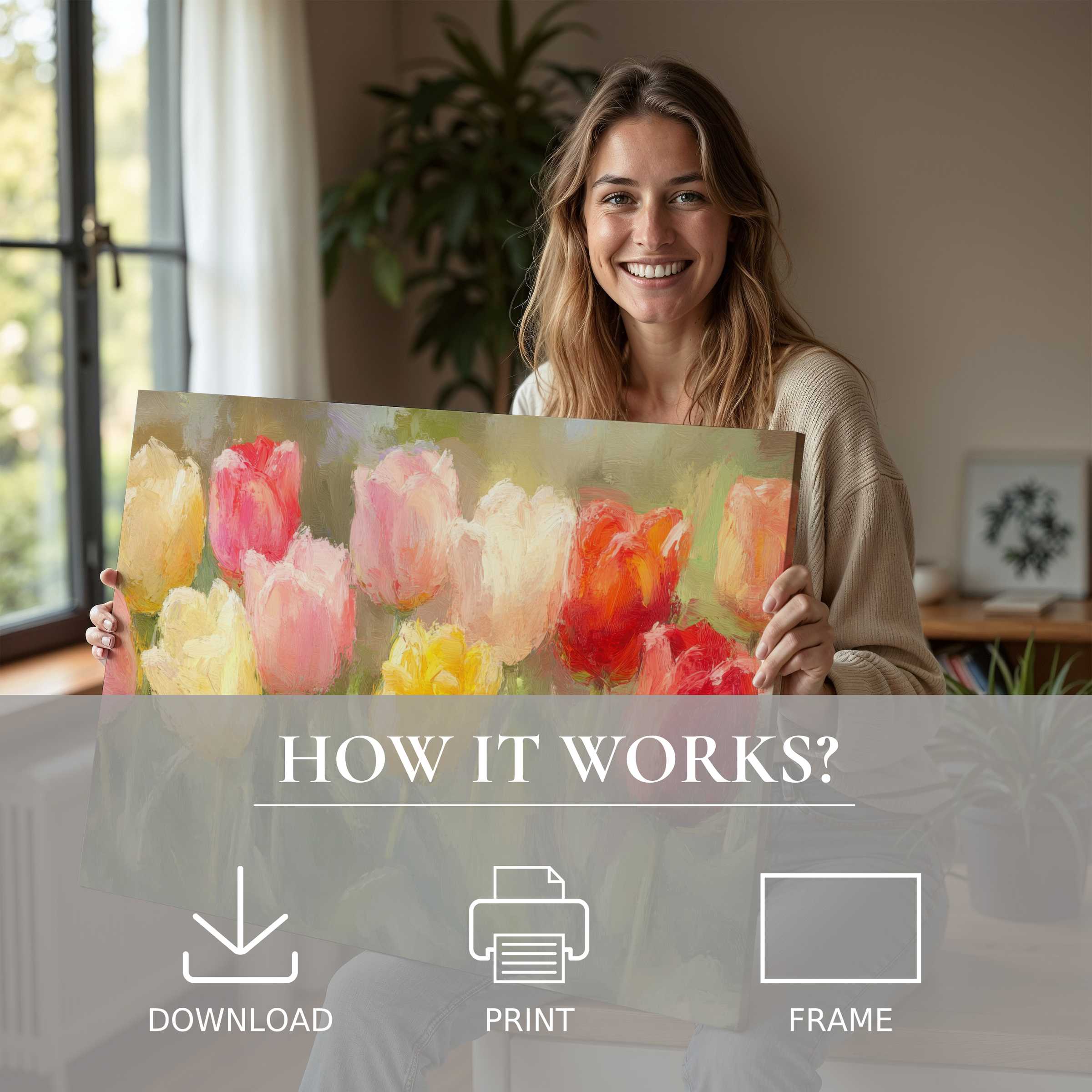 Radiant spring digital art print brightens a modern home, capturing joyful connection and effortless elegance in daily living