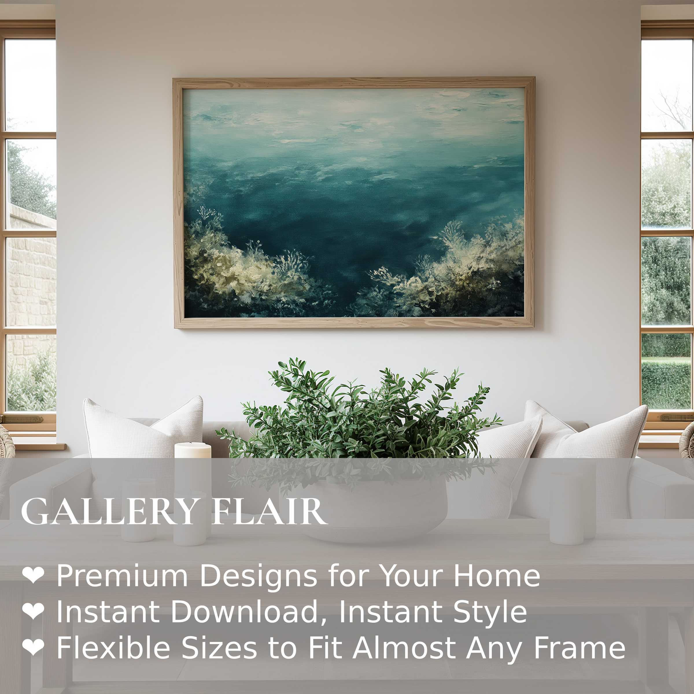Serene beach wall art print featuring a calming ocean scene with soft coral hues, elevating modern coastal interiors