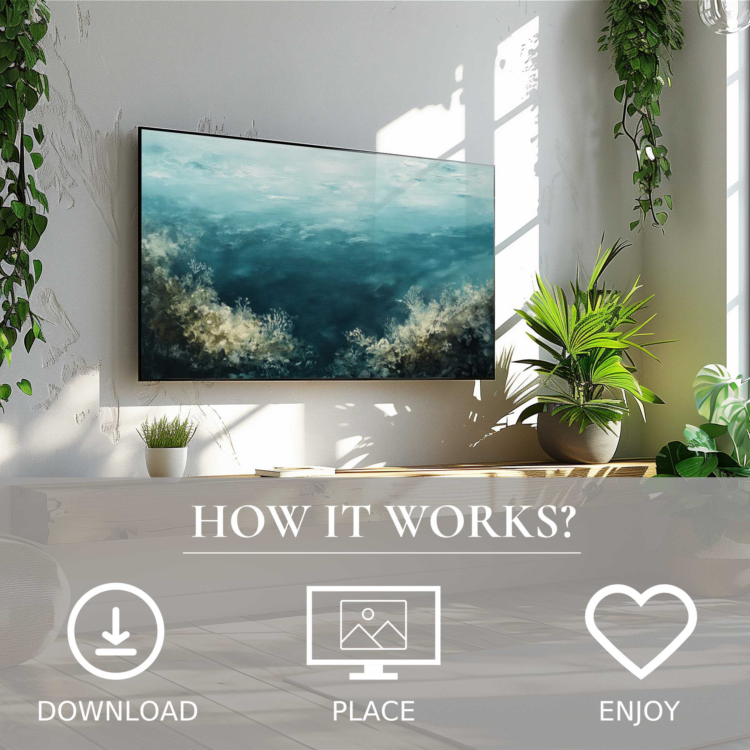 Modern living room with lush plants and beach art for Samsung TV showing deep ocean color flow, easy digital download