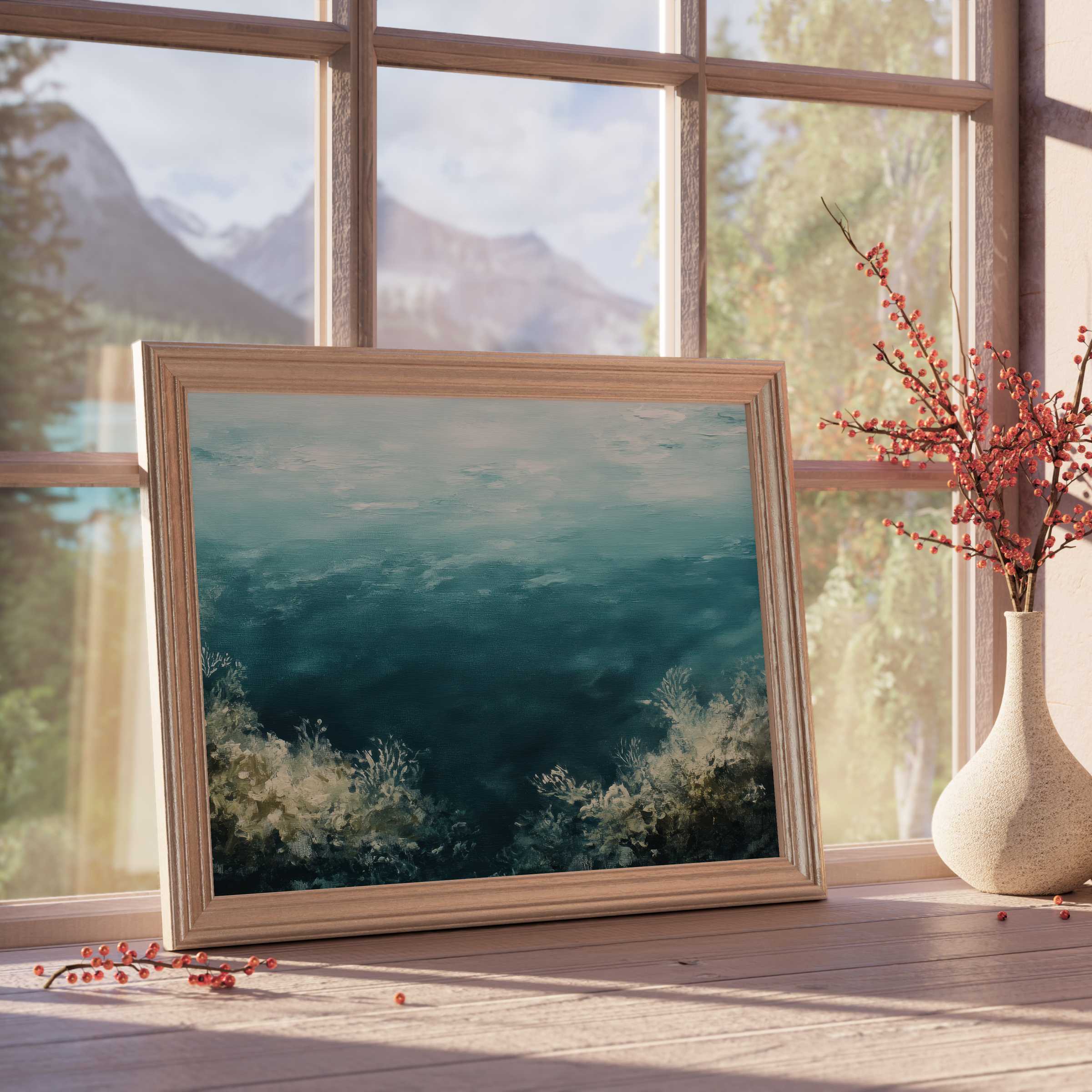 Tranquil beach downloadable art featuring serene ocean hues and textured coastal foliage, perfect for elevating refined, calming interiors