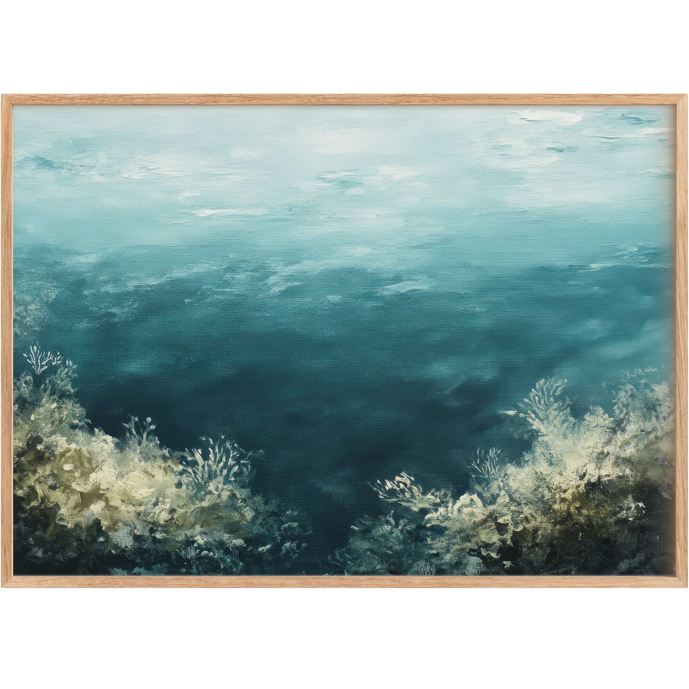 Tranquil beach printable wall art marrying deep ocean blues and soft sandy hues, evoking a serene, uplifting coastal retreat