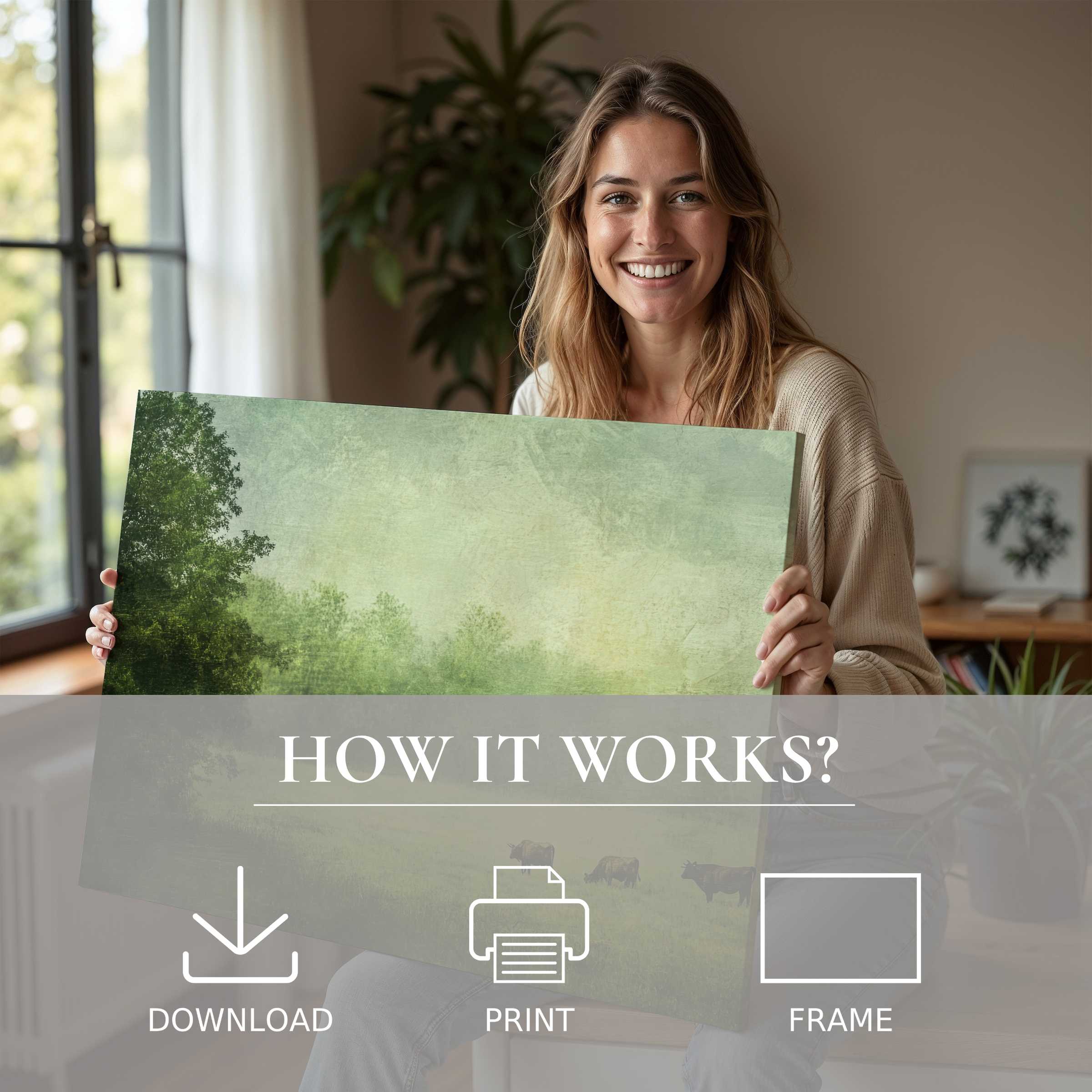 Woman in a modern home radiates joy as she embraces a farmhouse digital art print, capturing serene connection and effortless style