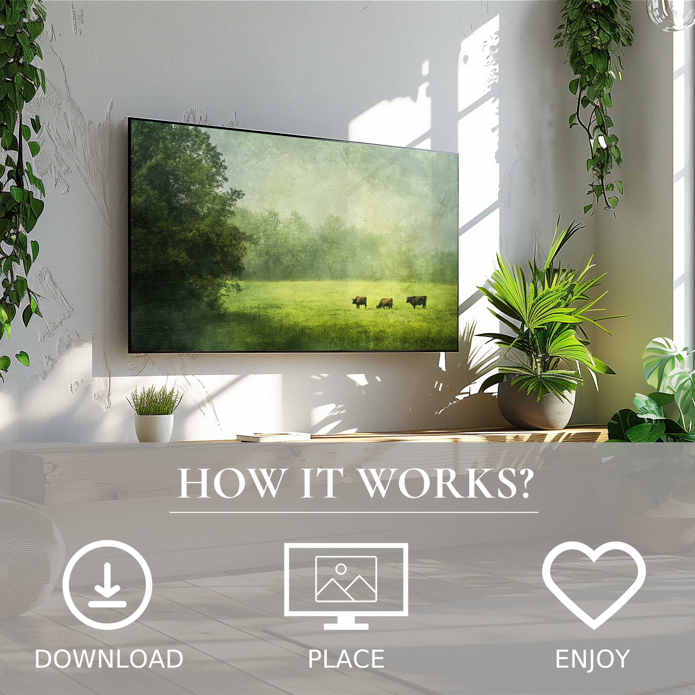 Farmhouse art for Samsung TV showing soft green meadow tones, easy digital download enriching modern living spaces