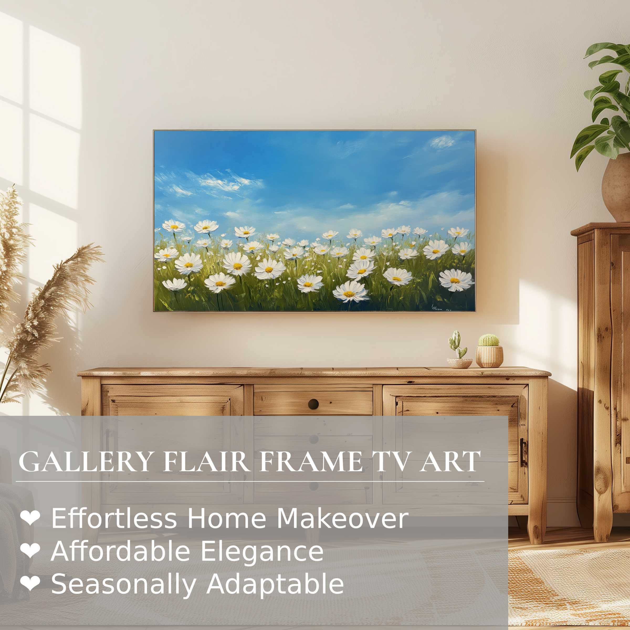 Samsung Frame TV displaying elegant floral digital artwork of daisies under a serene blue sky in a cozy living room