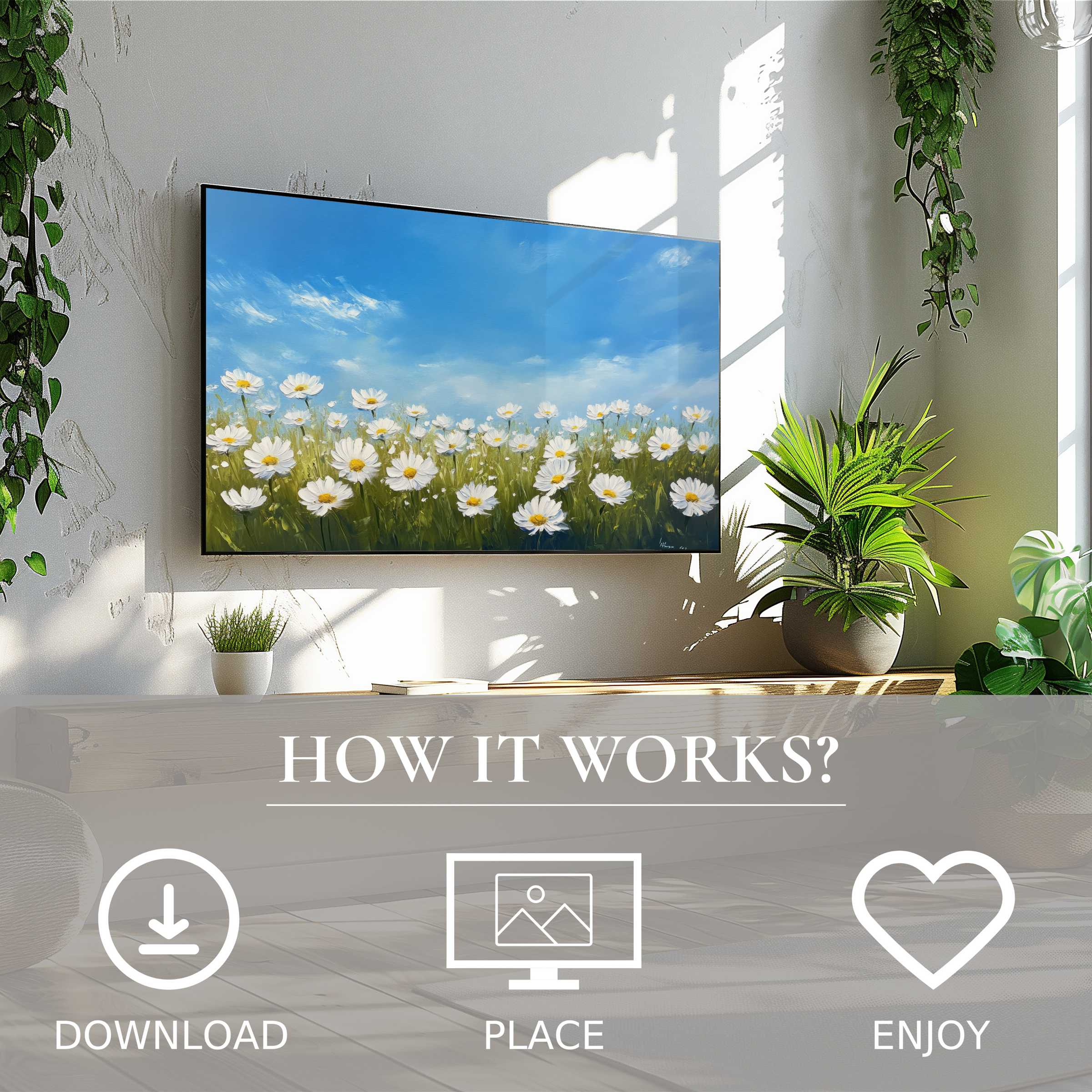 Bright floral art for Samsung TV shows daisies under a soft blue sky, easy digital download enriches any living room