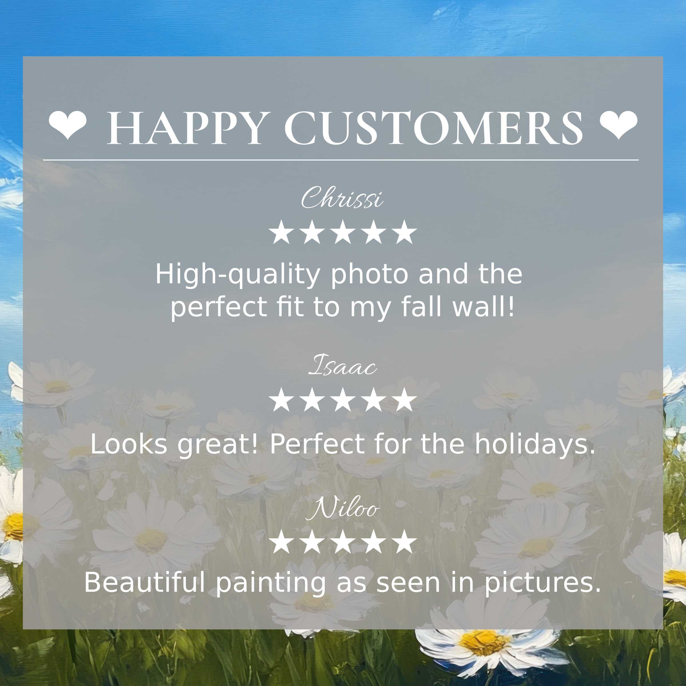 Floral art for Frame TV with abstract blue sky and daisy field background; layout inspires trust, happy customer reviews