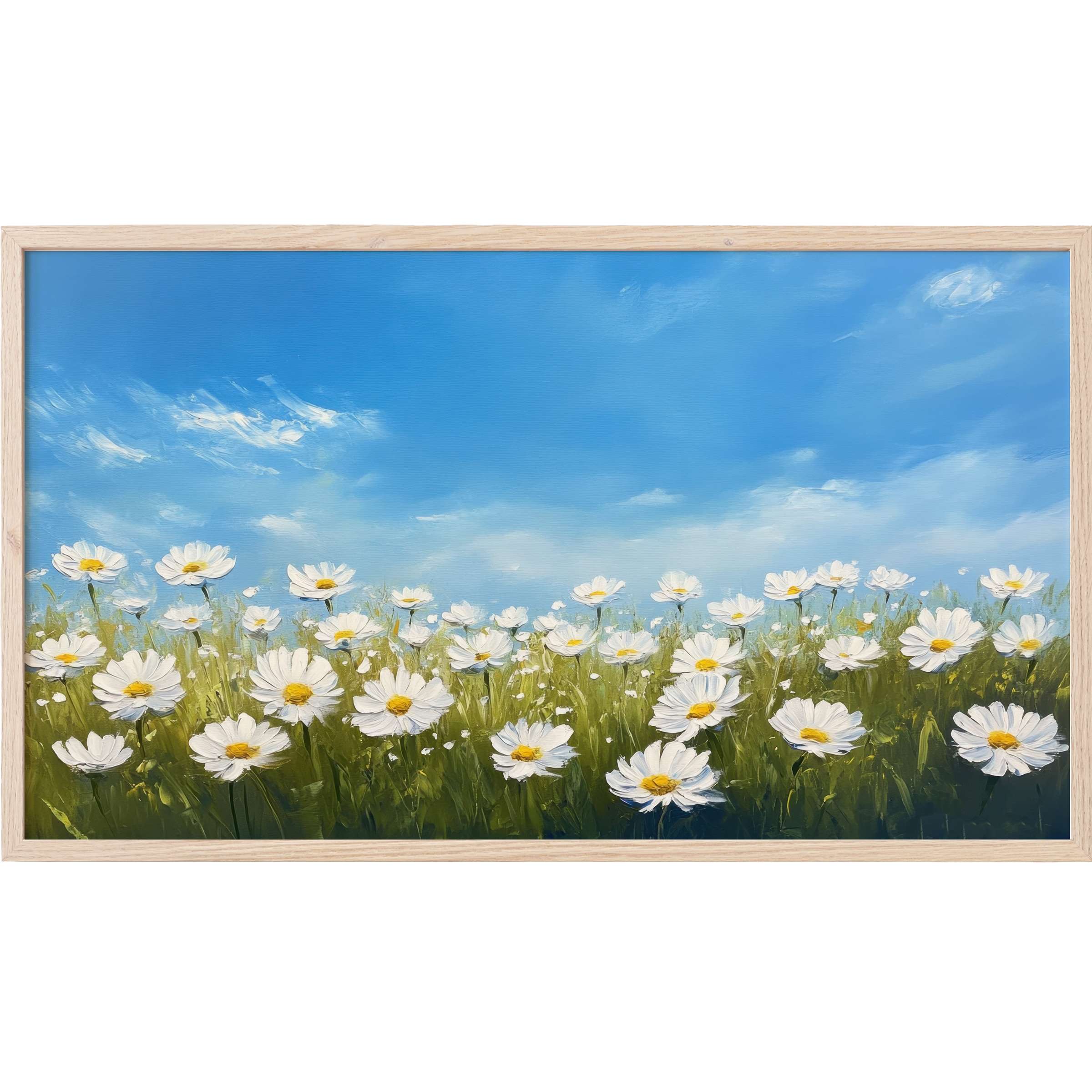 Floral Frame TV Art featuring white daisies under a bright blue sky, painted with soft, modern brushstrokes