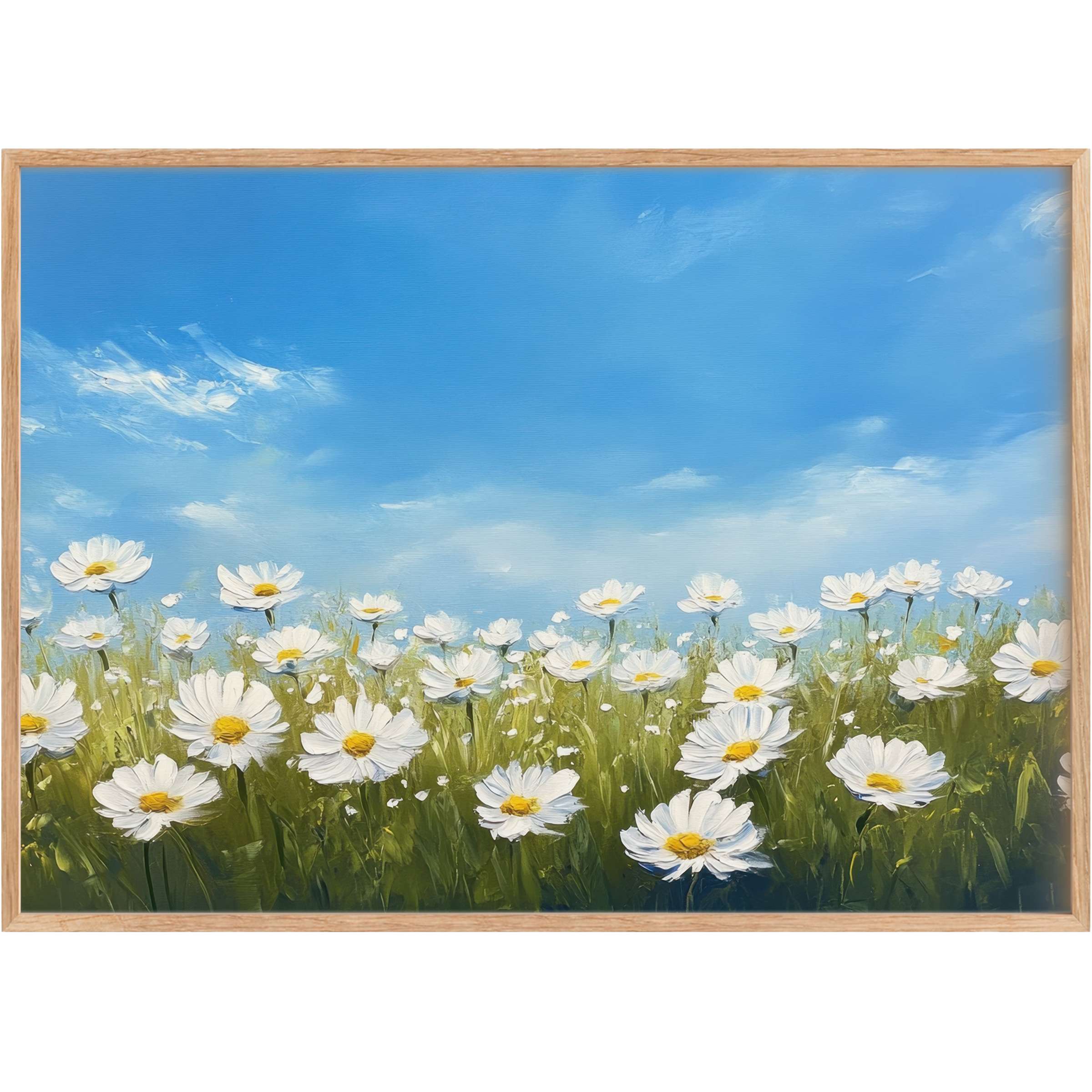 Radiant floral printable wall art with white daisies against a vivid blue sky, evoking serenity and natural elegance