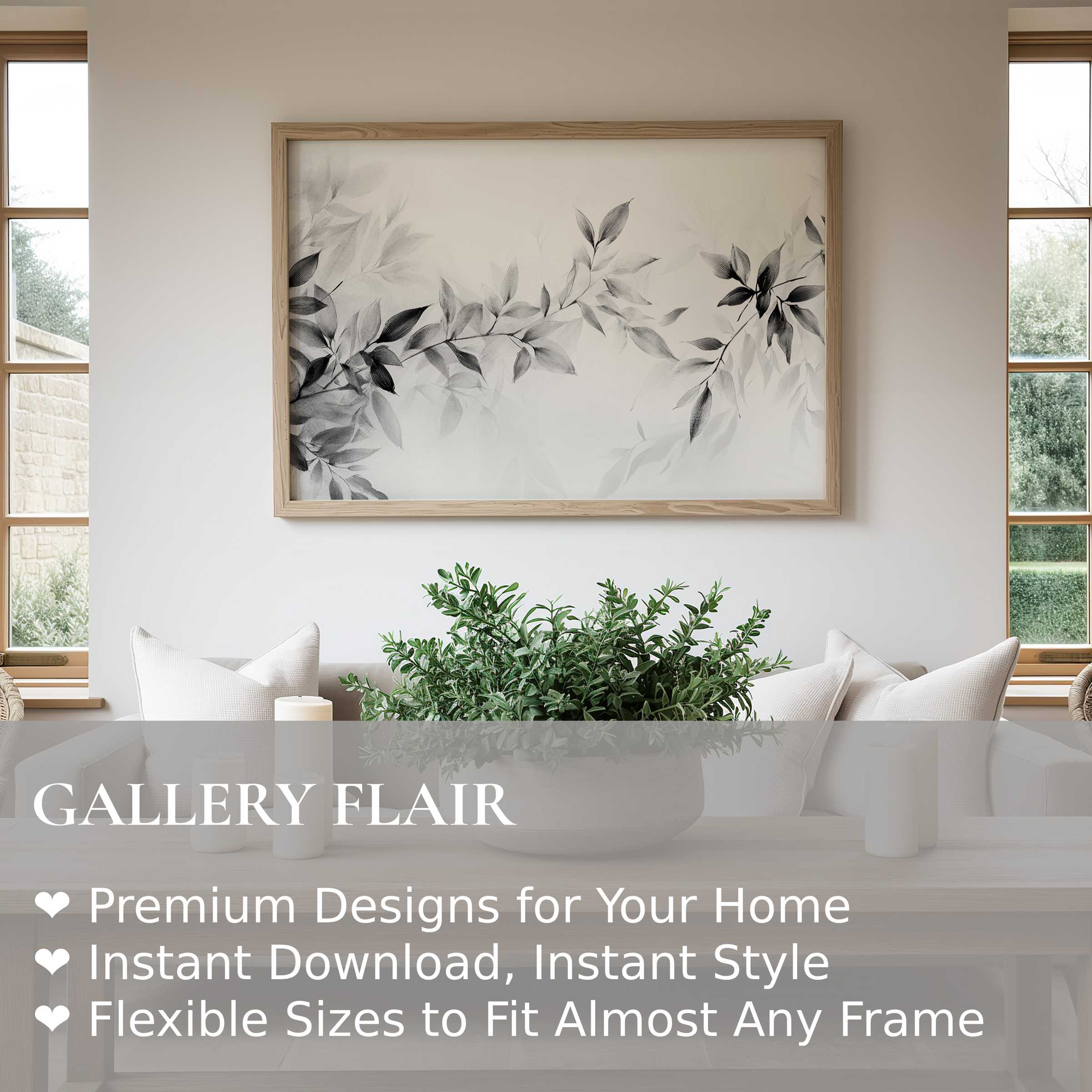 Elegant neutral wall art print featuring soft monochrome leaves, enhancing serene, modern minimalist interiors with calming botanical grace