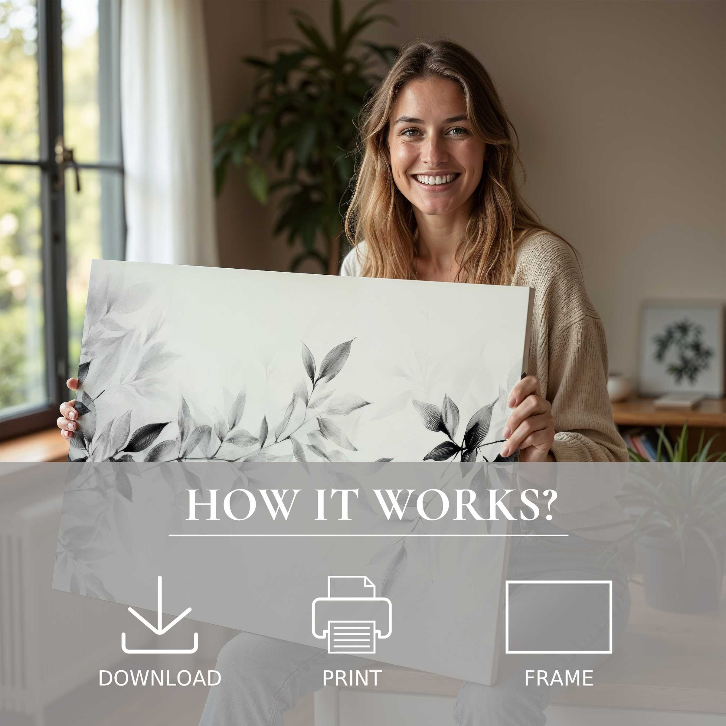 Serene moment reveals a neutral digital art print in soft grays, elevating modern living with effortless elegance and joy