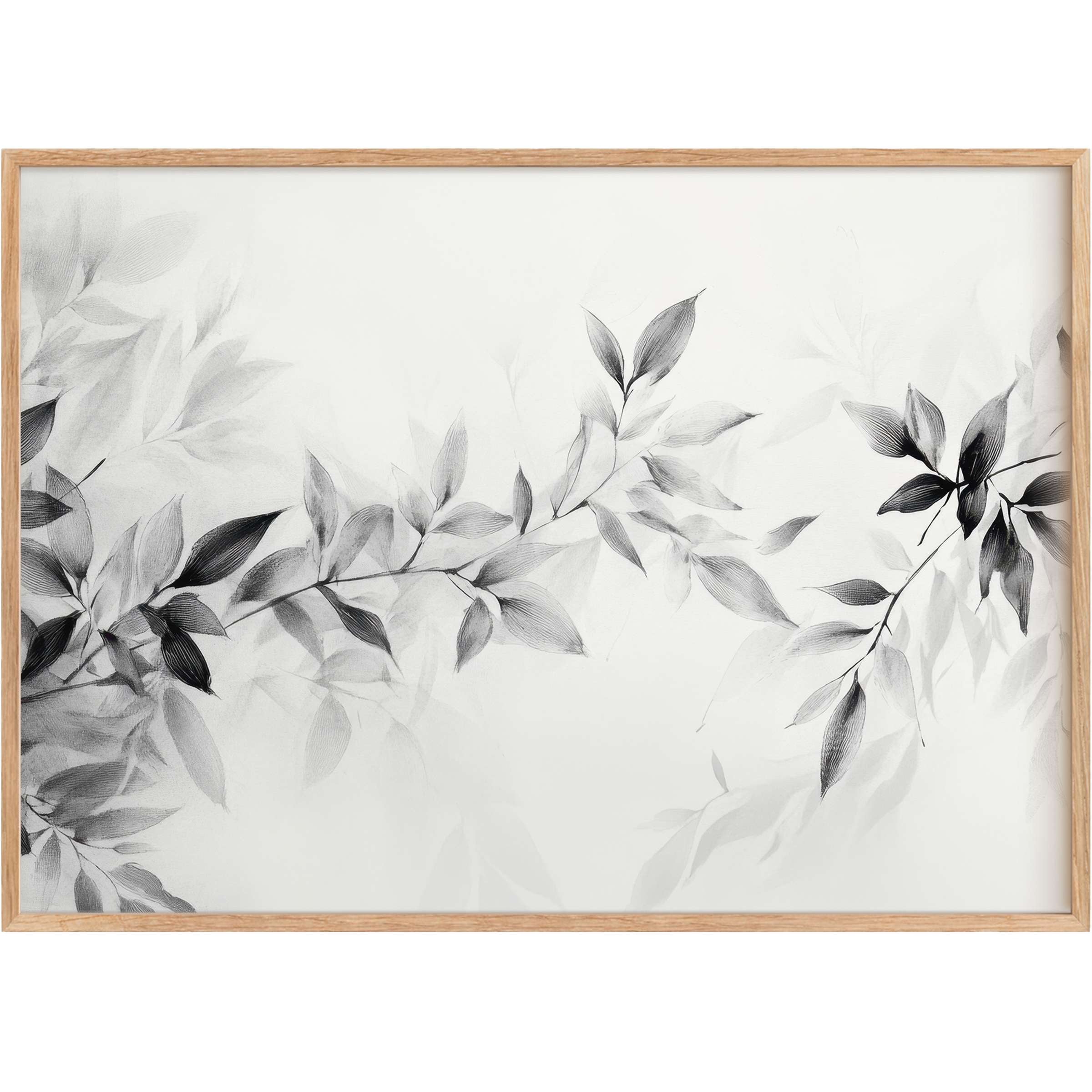 Elegant neutral printable wall art featuring delicate black and gray leaves, evoking a serene, refined atmosphere