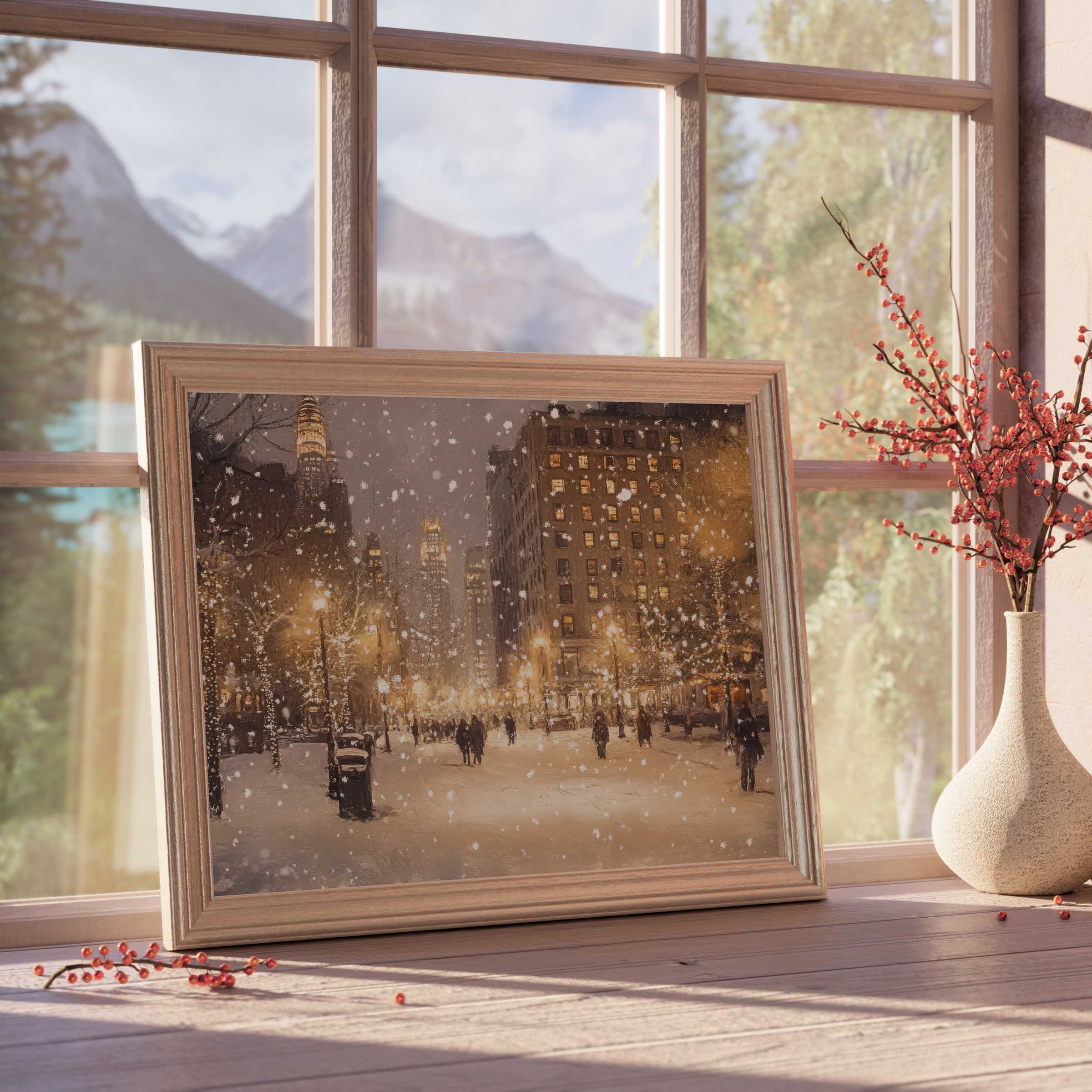 Christmas downloadable art capturing a serene city snowfall, soft golden lights enhancing curated, tranquil interiors with festive elegance