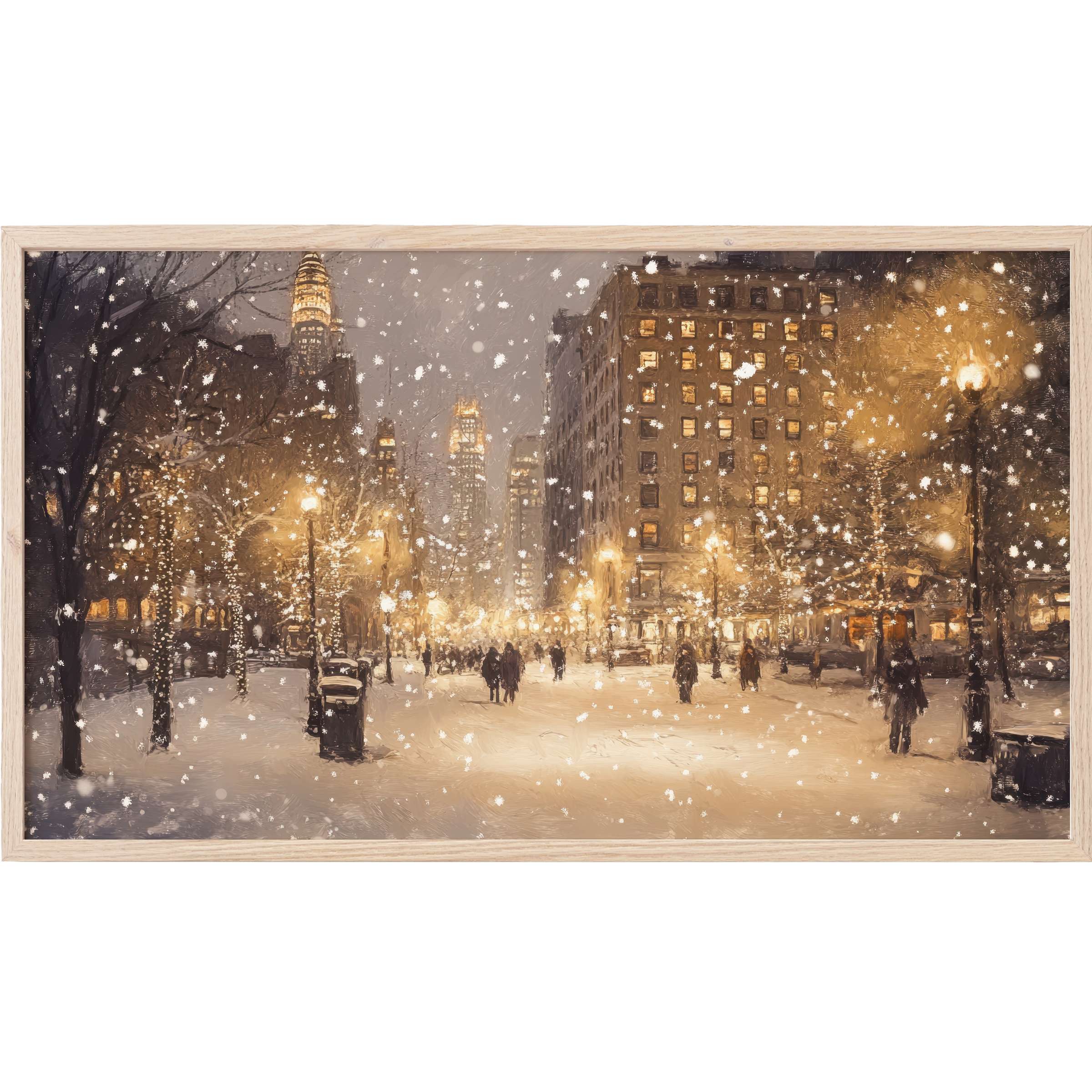 Elegant snowy cityscape at dusk with warm golden lights, perfect for refined christmas Frame TV Art decor