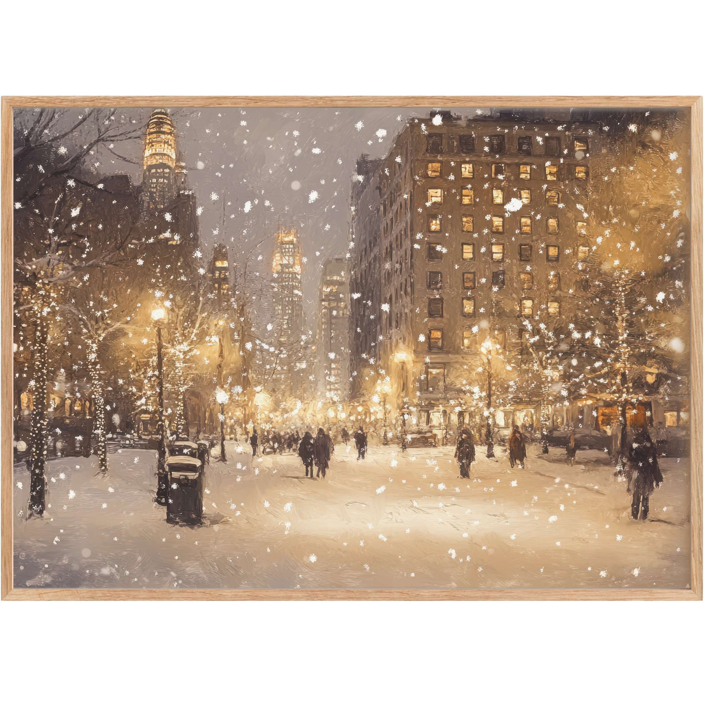 Elegant Christmas printable wall art capturing a serene city snowfall, aglow with warm amber lights, evoking cozy festive charm
