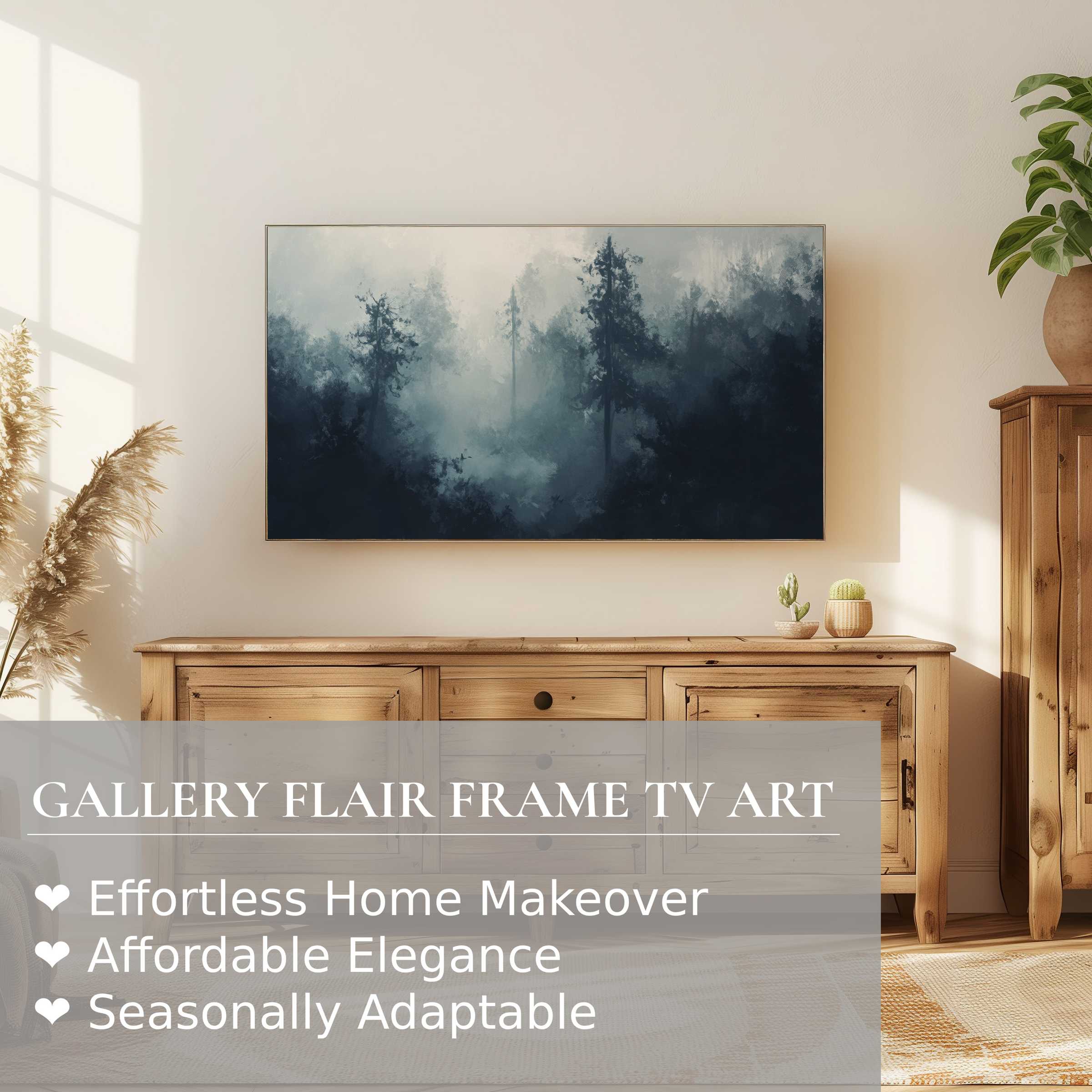 Samsung Frame TV displays a moody landscape digital artwork in modern, serene home decor setting with natural wood tones