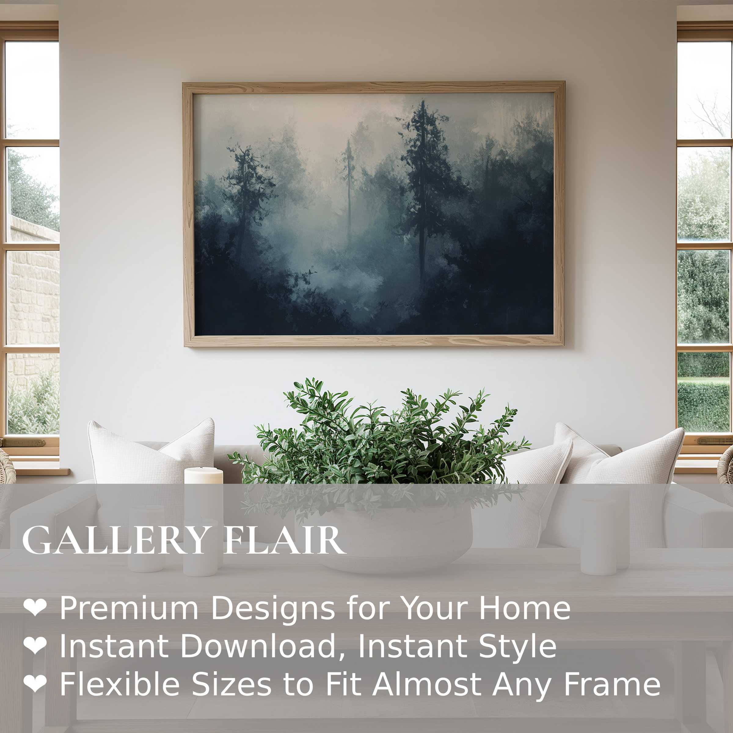 Moody landscape wall art print with misty forest hues adds a serene, contemporary touch to chic minimalist interiors