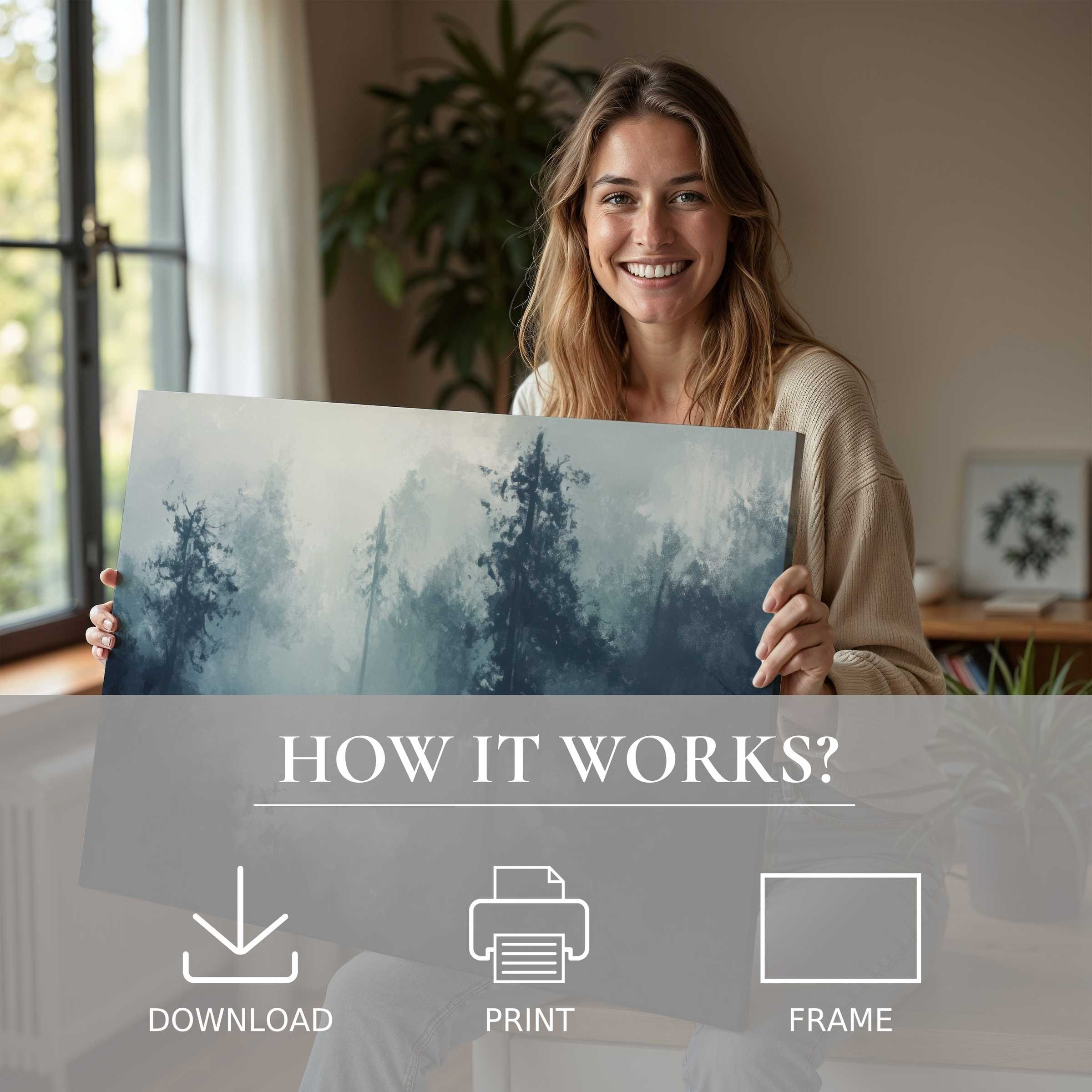 Radiate joy and tranquility with this landscape digital art print, blending misty blues to enrich your modern home’s serene ambiance