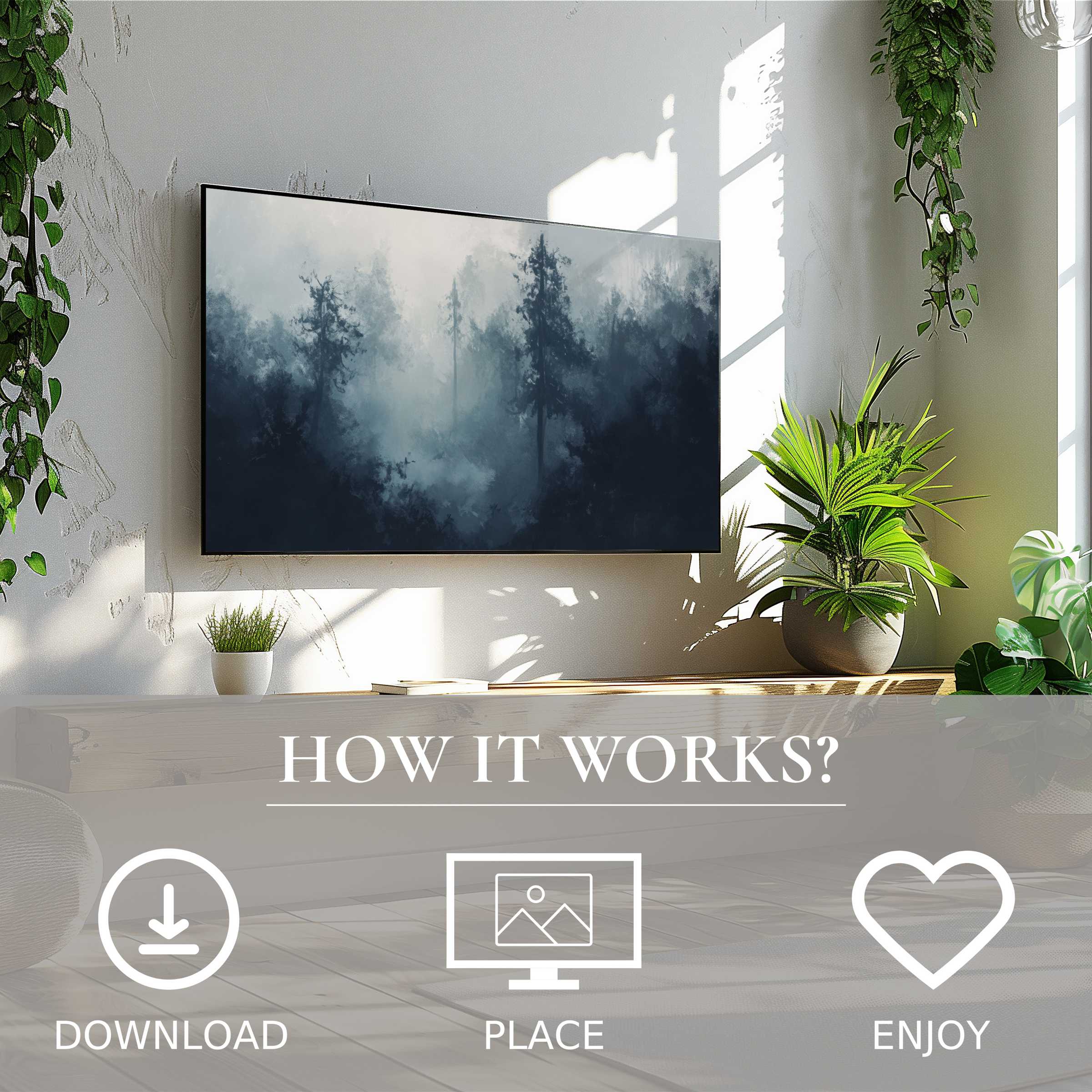 Modern living room with digital download landscape art for Samsung TV; misty forest motif enriches space simply