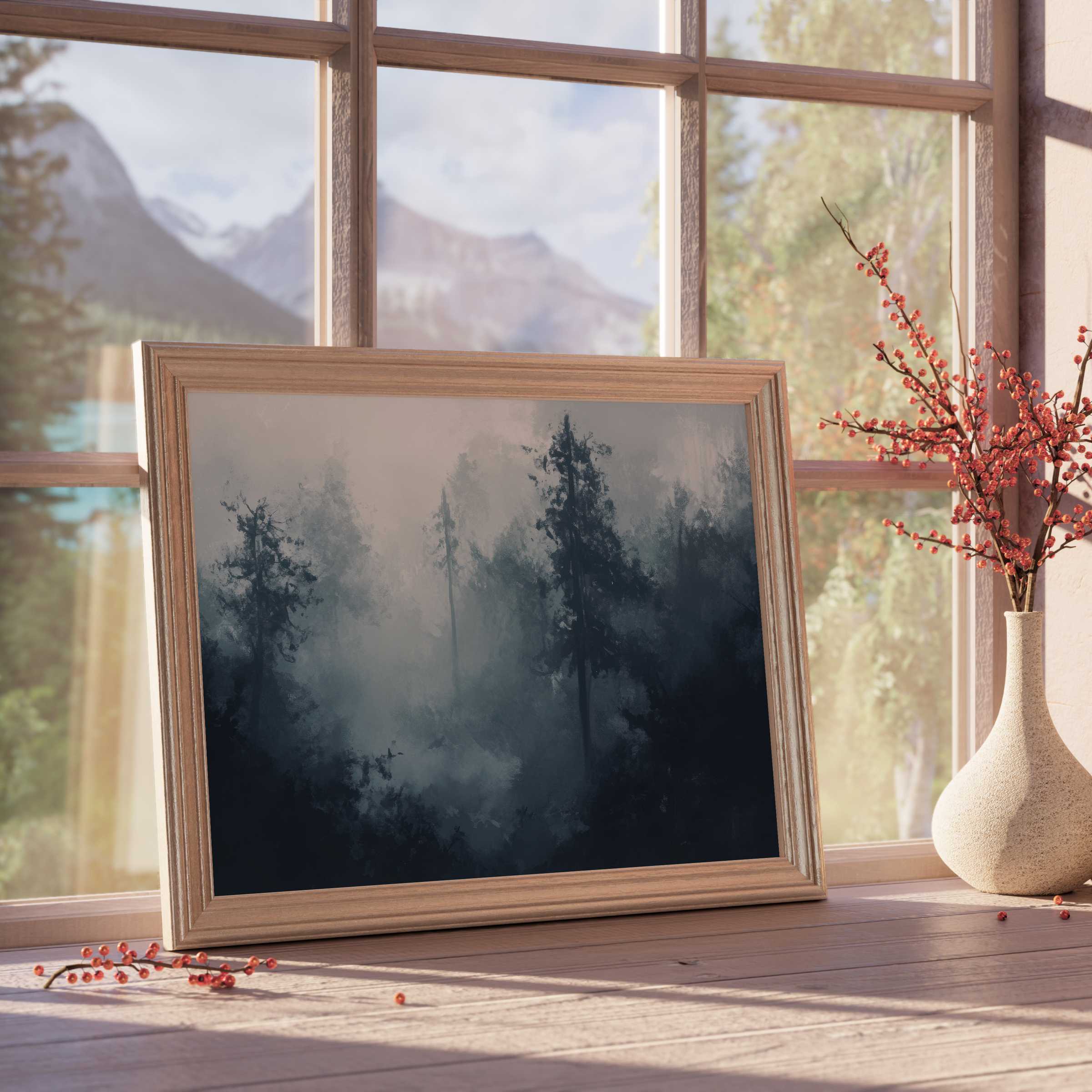 Misty forest landscape downloadable art framed in natural wood, evoking serene, moody elegance for curated modern interiors