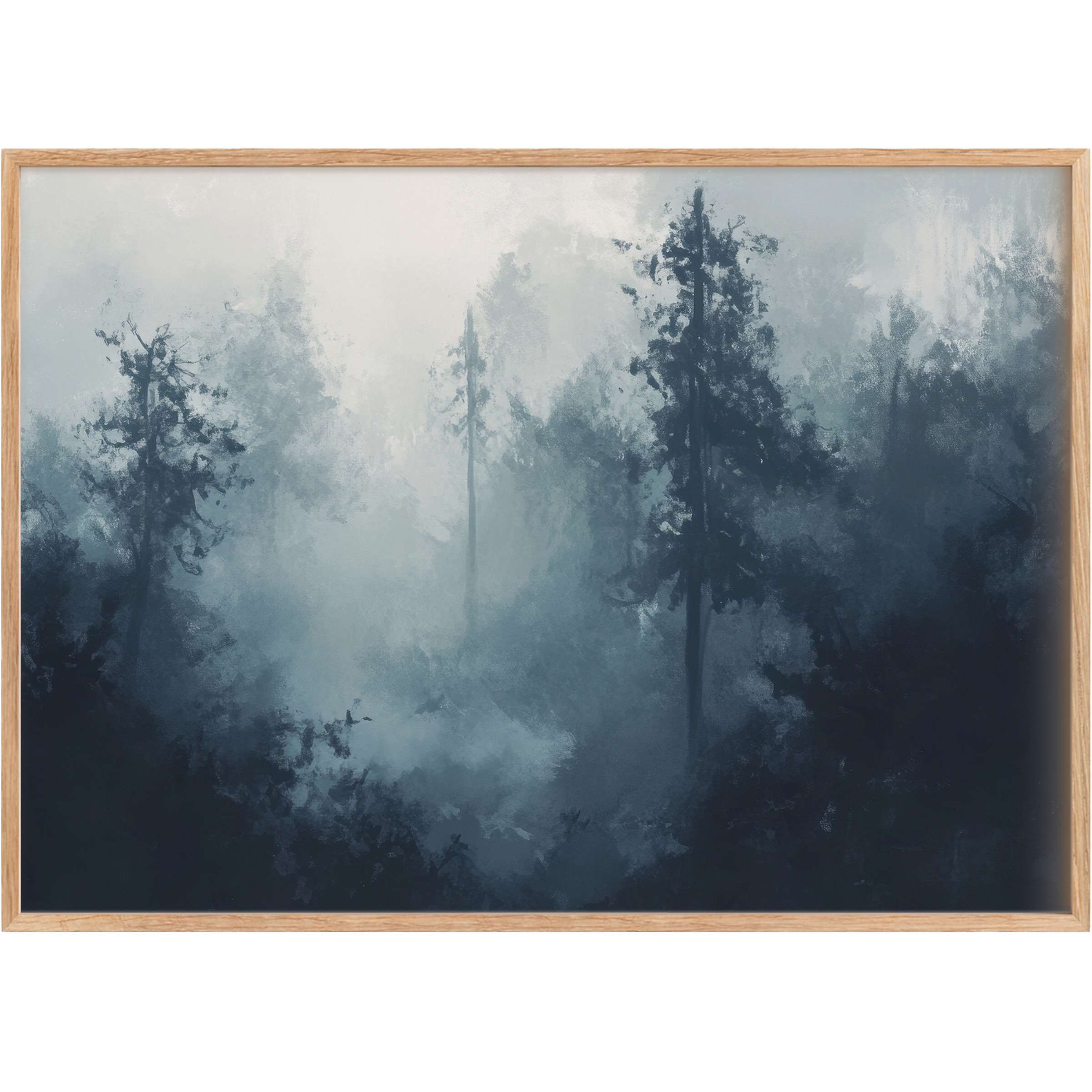 Ethereal landscape printable wall art in misty blues and greys evokes serene, contemplative tranquility for refined living spaces