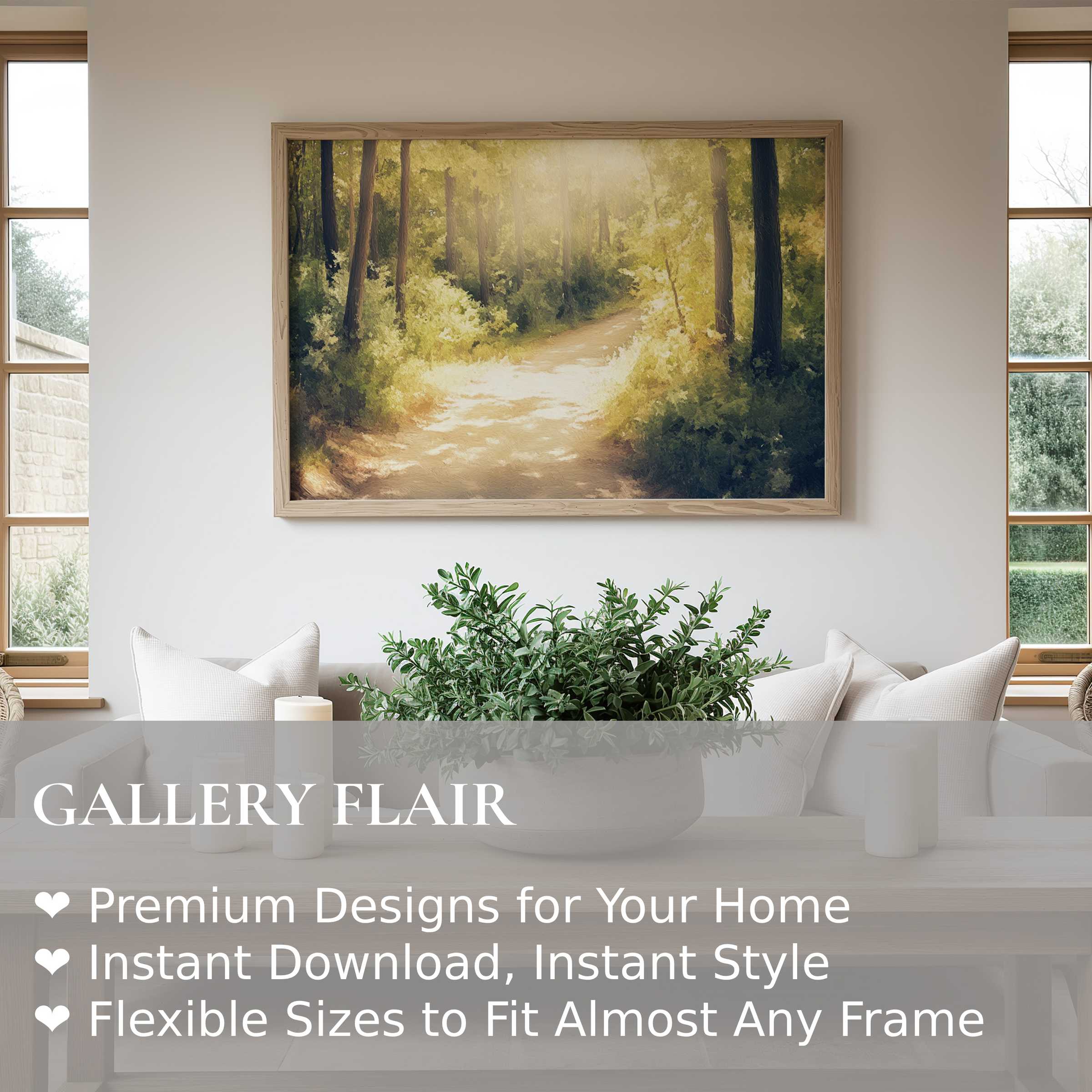 Vintage wall art print capturing a serene sunlit forest path, infusing modern rustic interiors with warm, calming ambiance and timeless natural elegance
