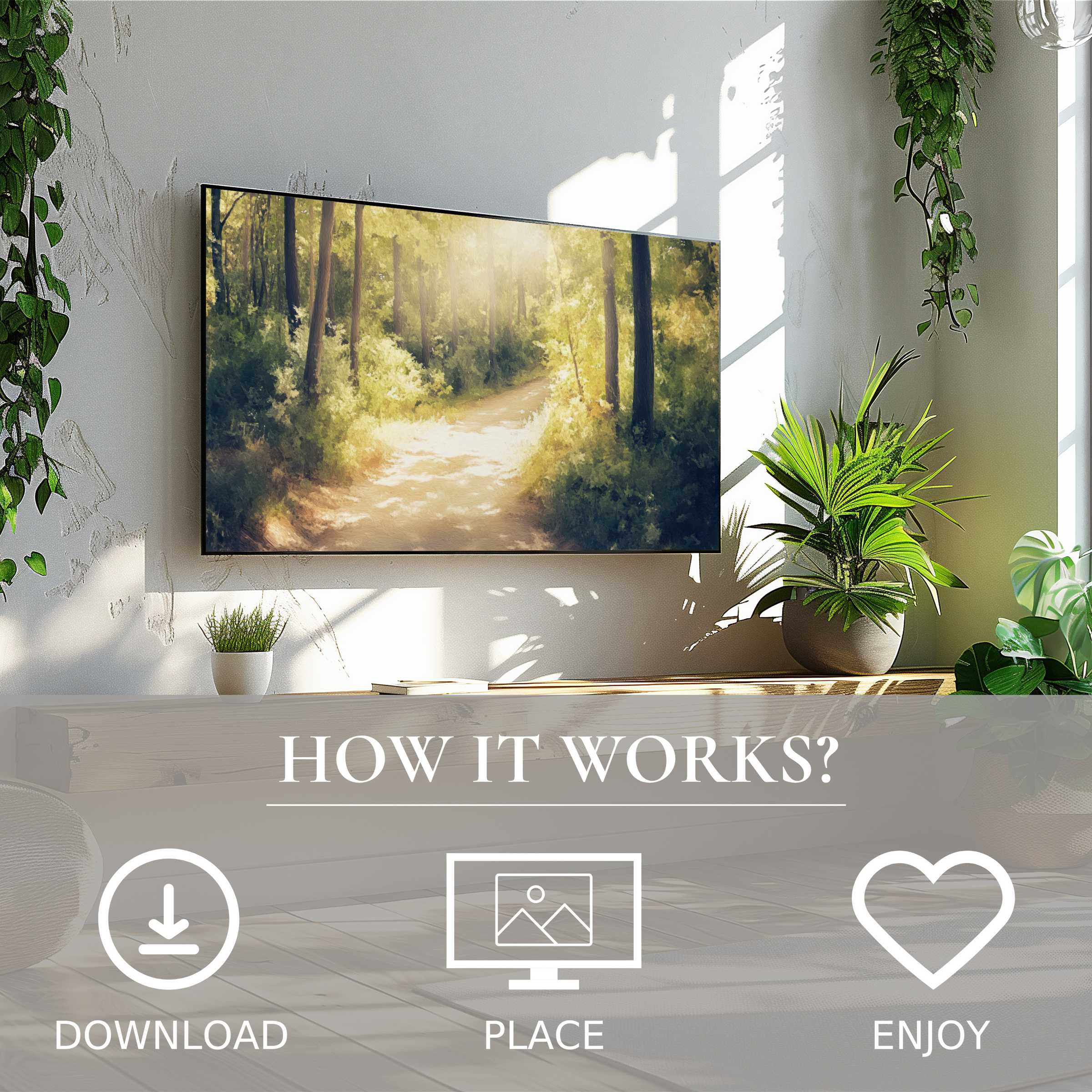 Vintage art for Samsung TV shows soft forest path tones; easy digital download enriches modern, plant-filled living spaces