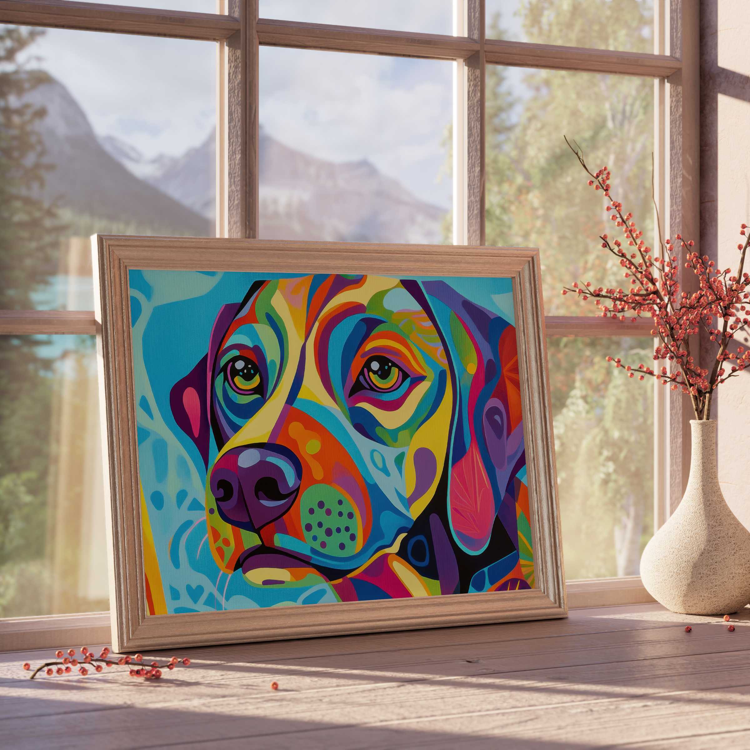 Vibrant pop art downloadable art of a soulful dog, blending bold hues and modern elegance to elevate curated, tranquil interiors