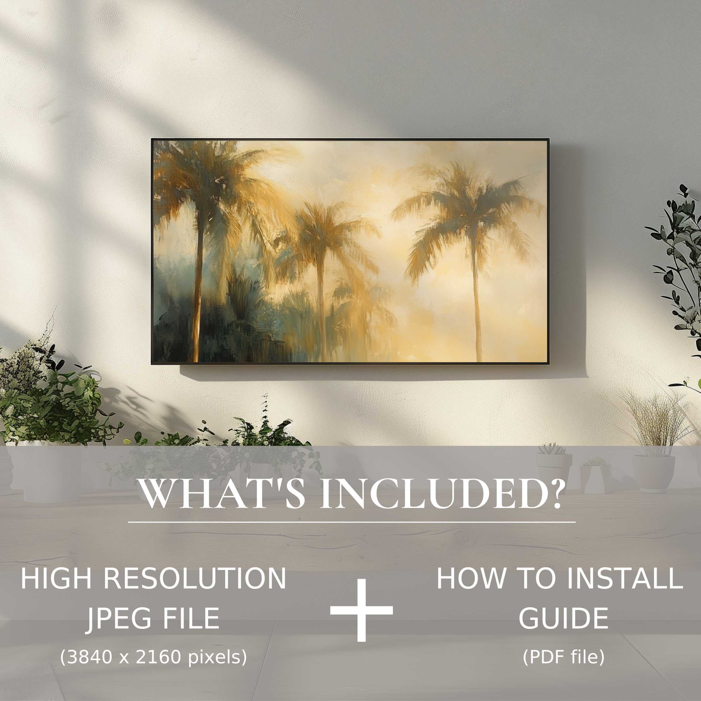 Elegant summer digital TV art download enhances living spaces with easy digital use and serene palm imagery