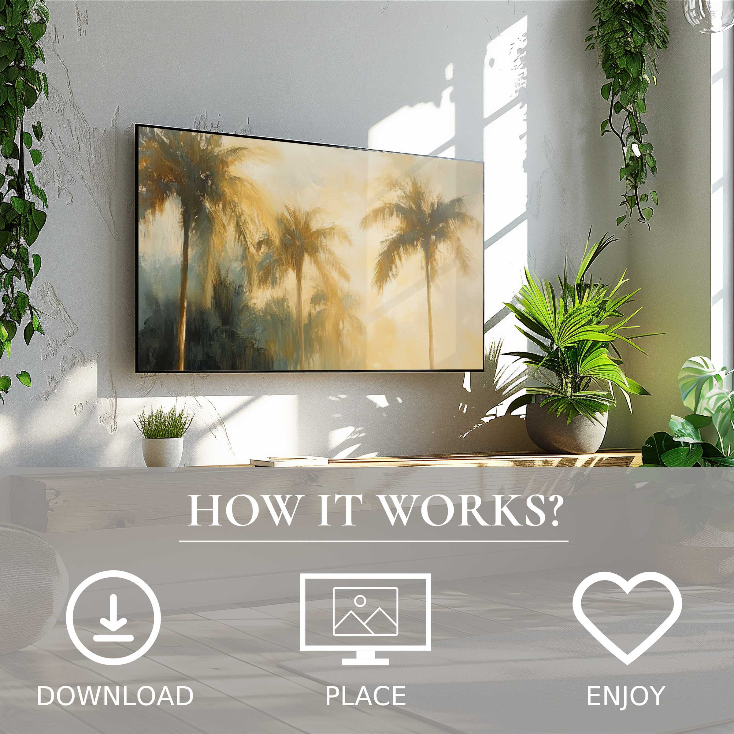 Summer art for Samsung TV shows soft sunset tones on The Frame, adding warmth with easy digital download in modern spaces