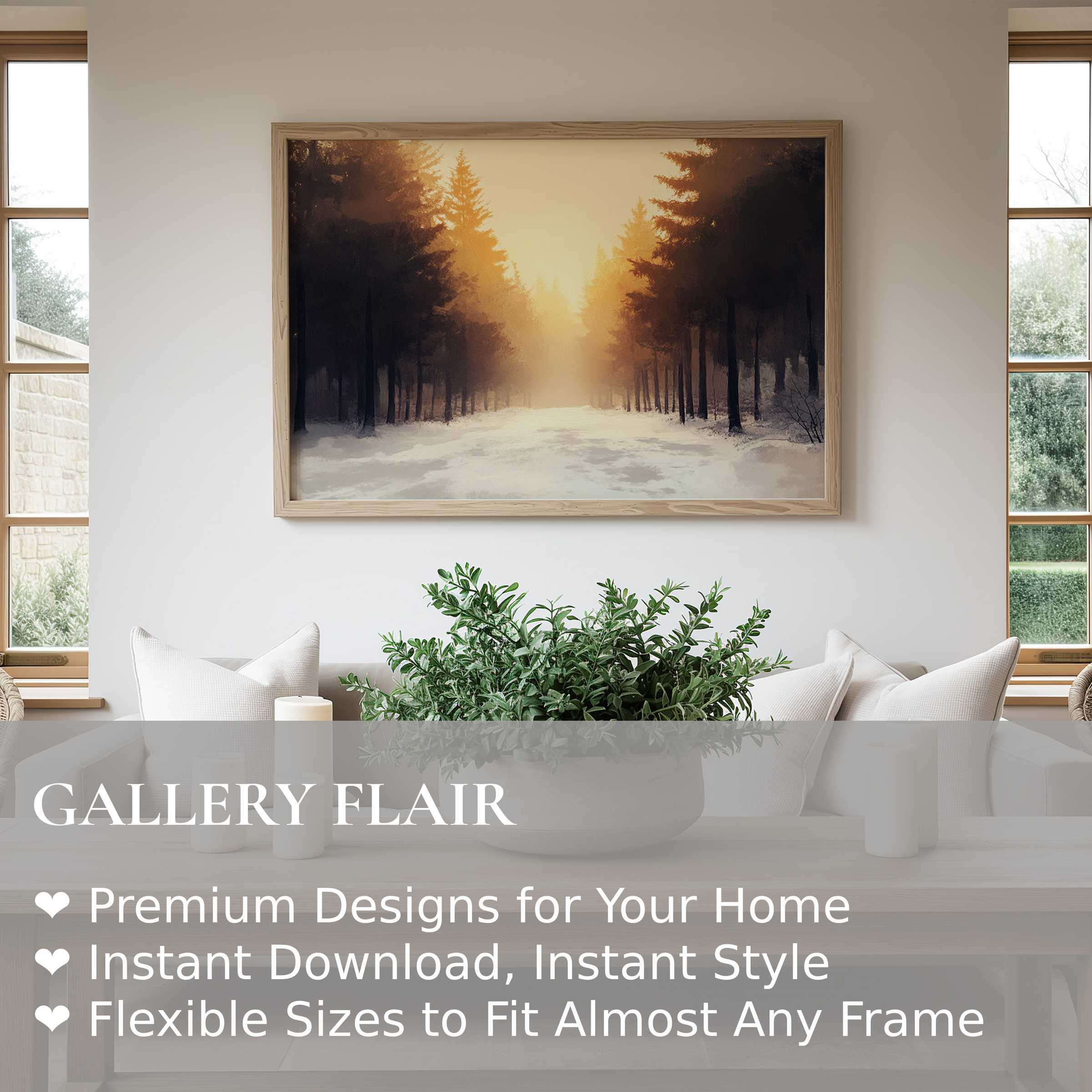 Winter wall art print capturing a serene snow-covered forest bathed in warm golden light; elevates modern minimalist living spaces with calming, radiant elegance