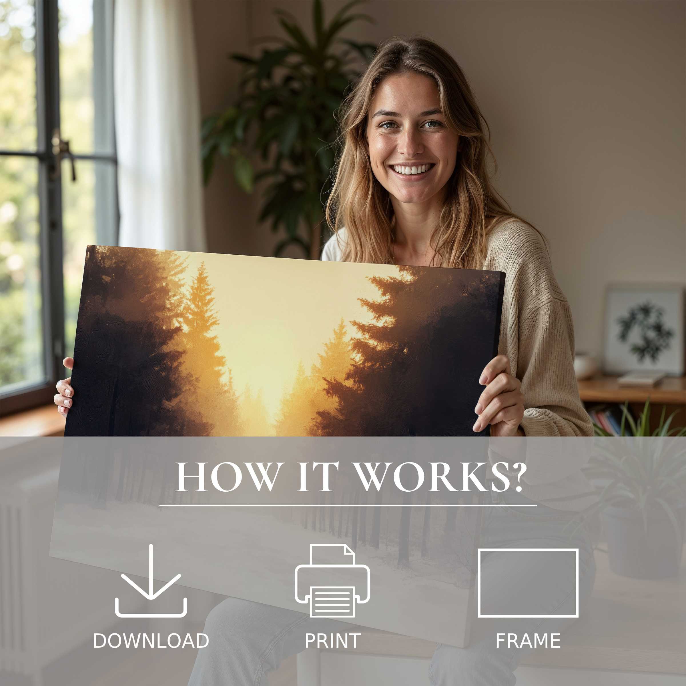 A radiant moment of connection and joy with a winter digital art print, illuminating a modern home’s serene ambiance